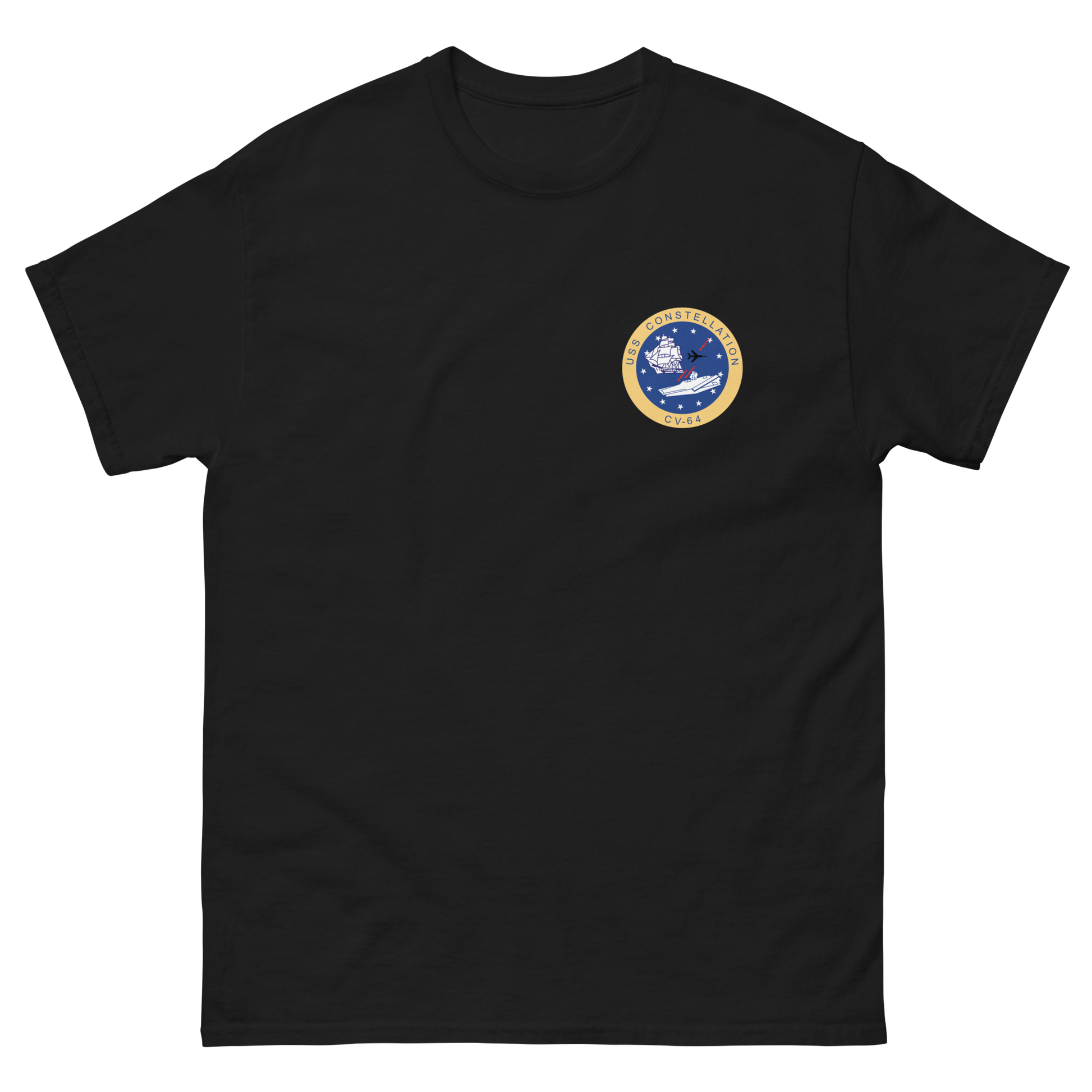 USS Constellation (CV-64) Ship's Crest T-Shirt – front view, black