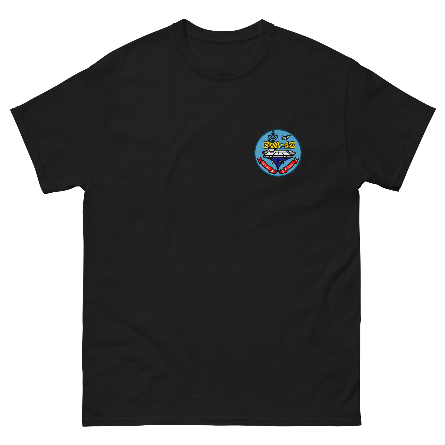 USS Coral Sea (CVA-43) Ship's Crest T-Shirt – front view, black
