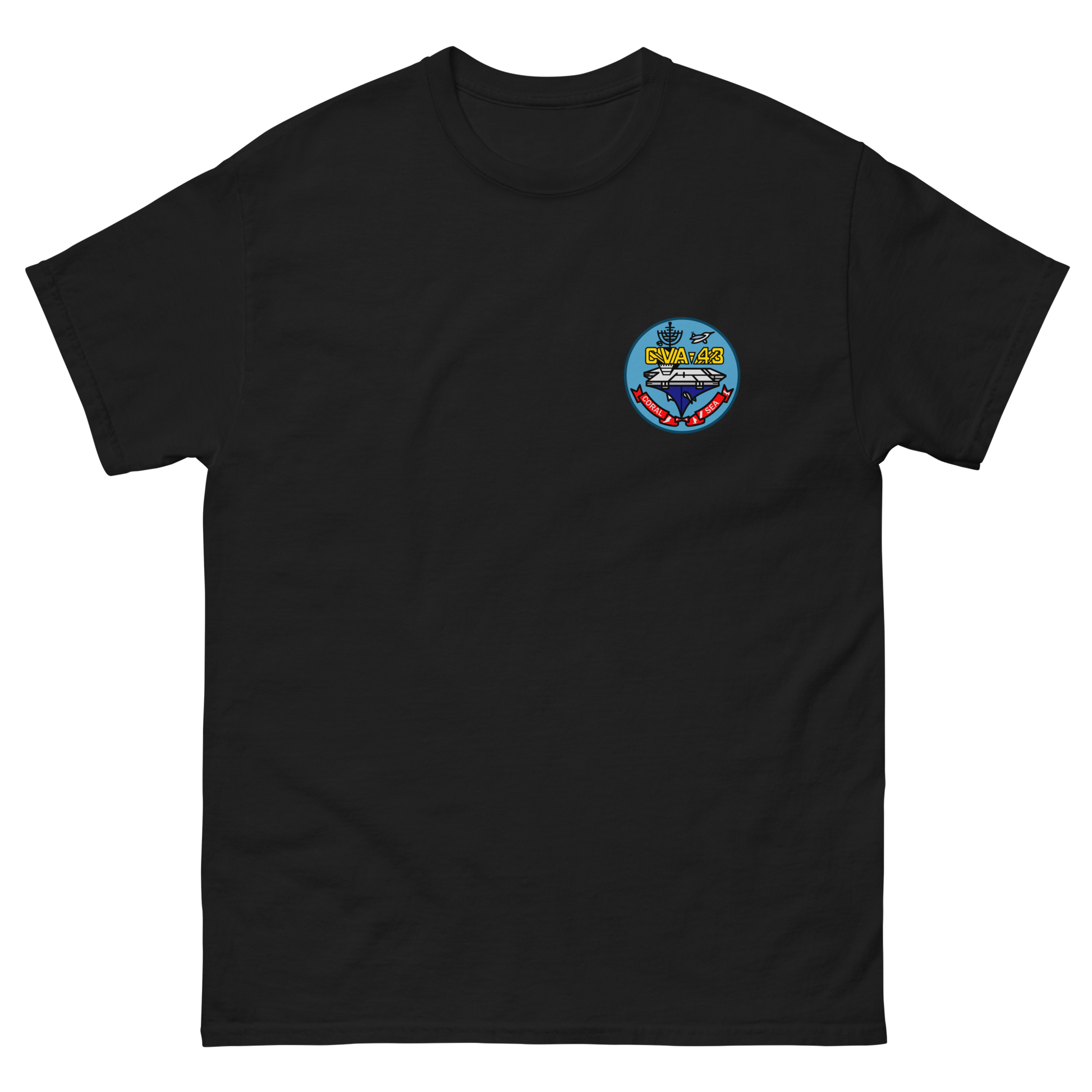 USS Coral Sea (CVA-43) Ship's Crest T-Shirt – front view, black