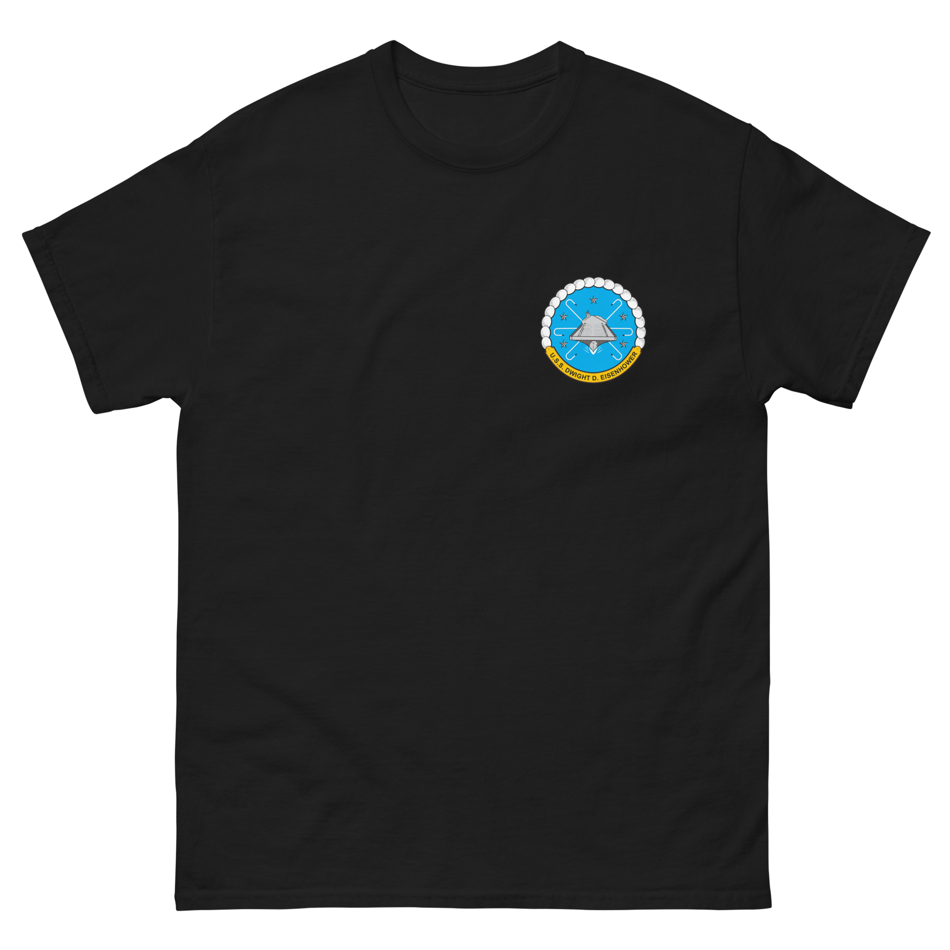 USS Dwight D. Eisenhower (CVN-69) Ship's Crest T-Shirt – front view, black