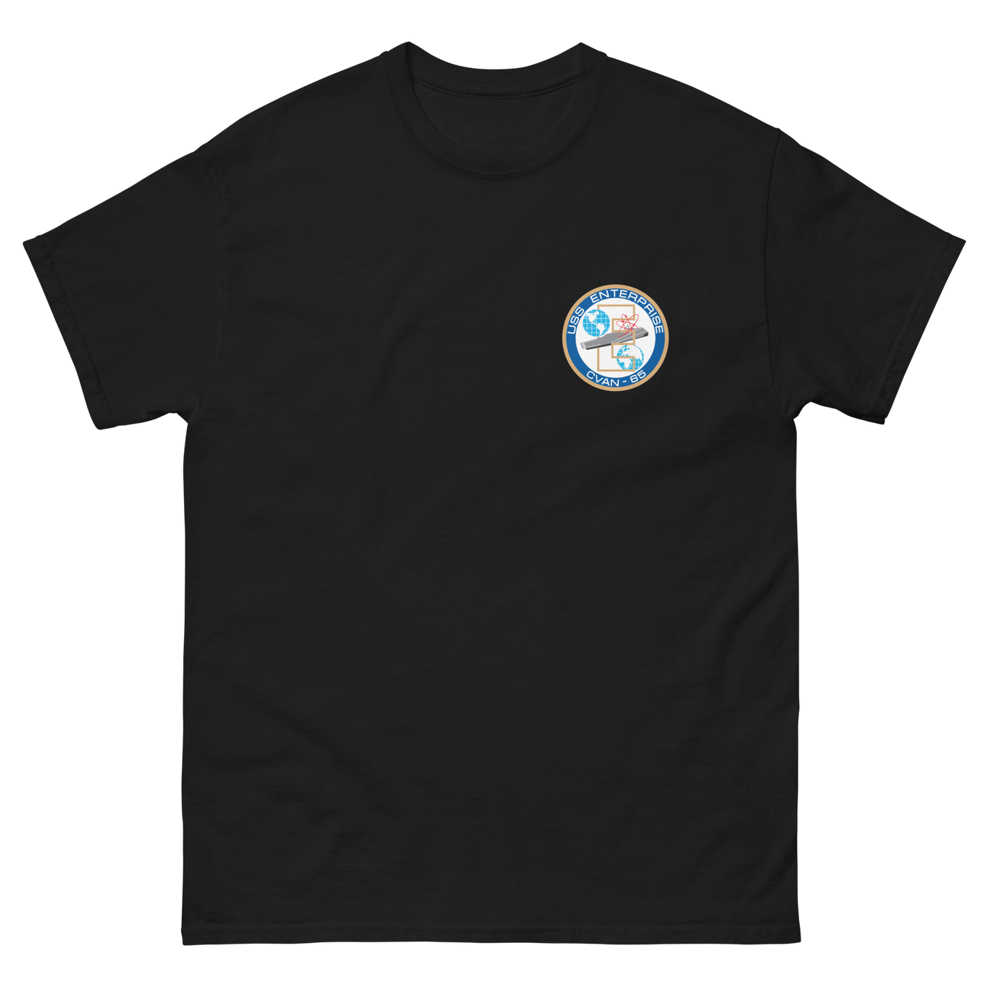 USS Enterprise (CVAN-65) Ship's Crest T-Shirt – front view, black