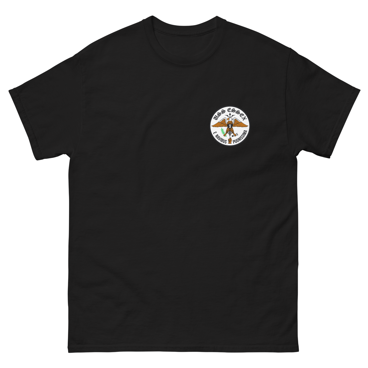 USS Essex (CVS-9) Ship's Crest T-Shirt – front view, black