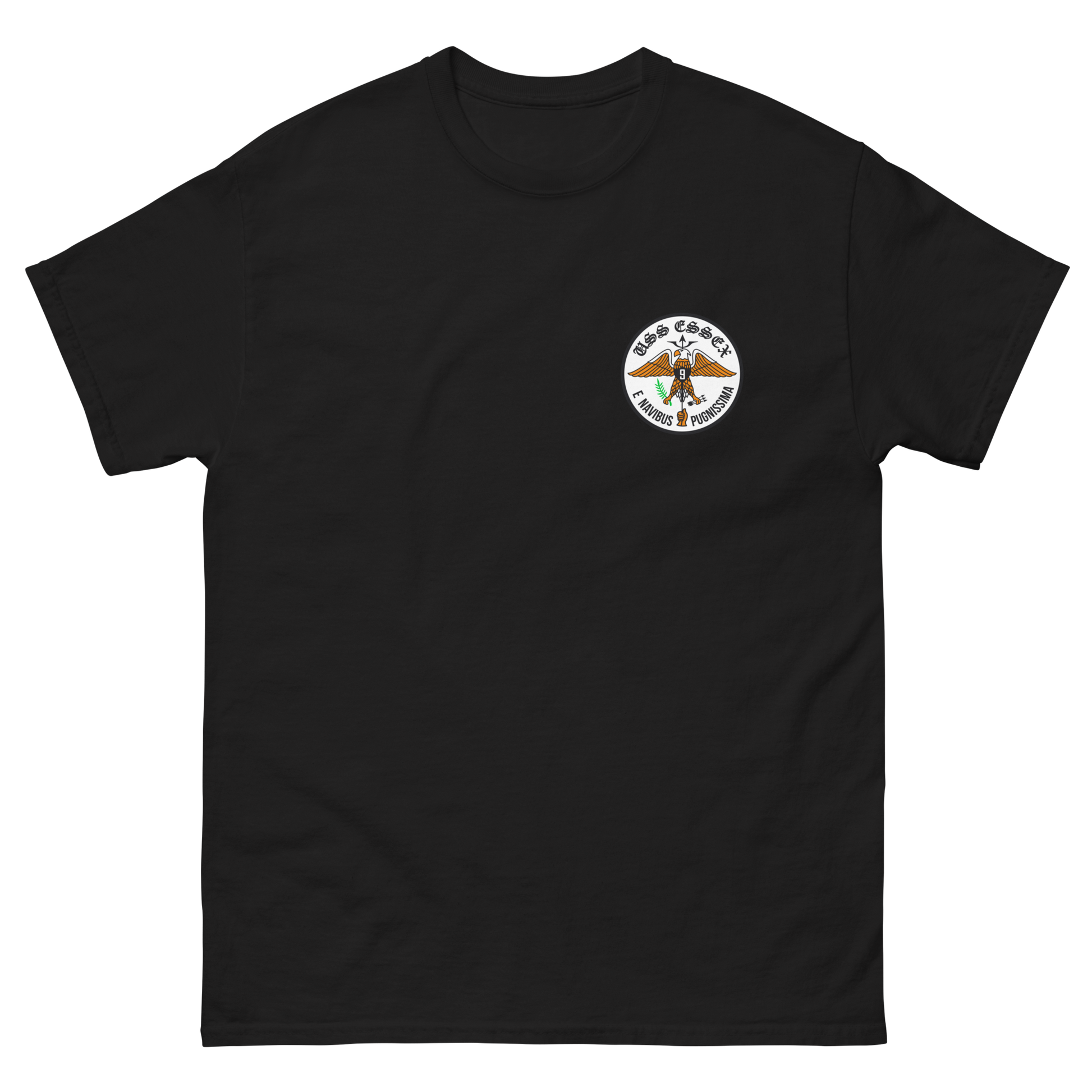 USS Essex (CVS-9) Ship's Crest T-Shirt – front view, black