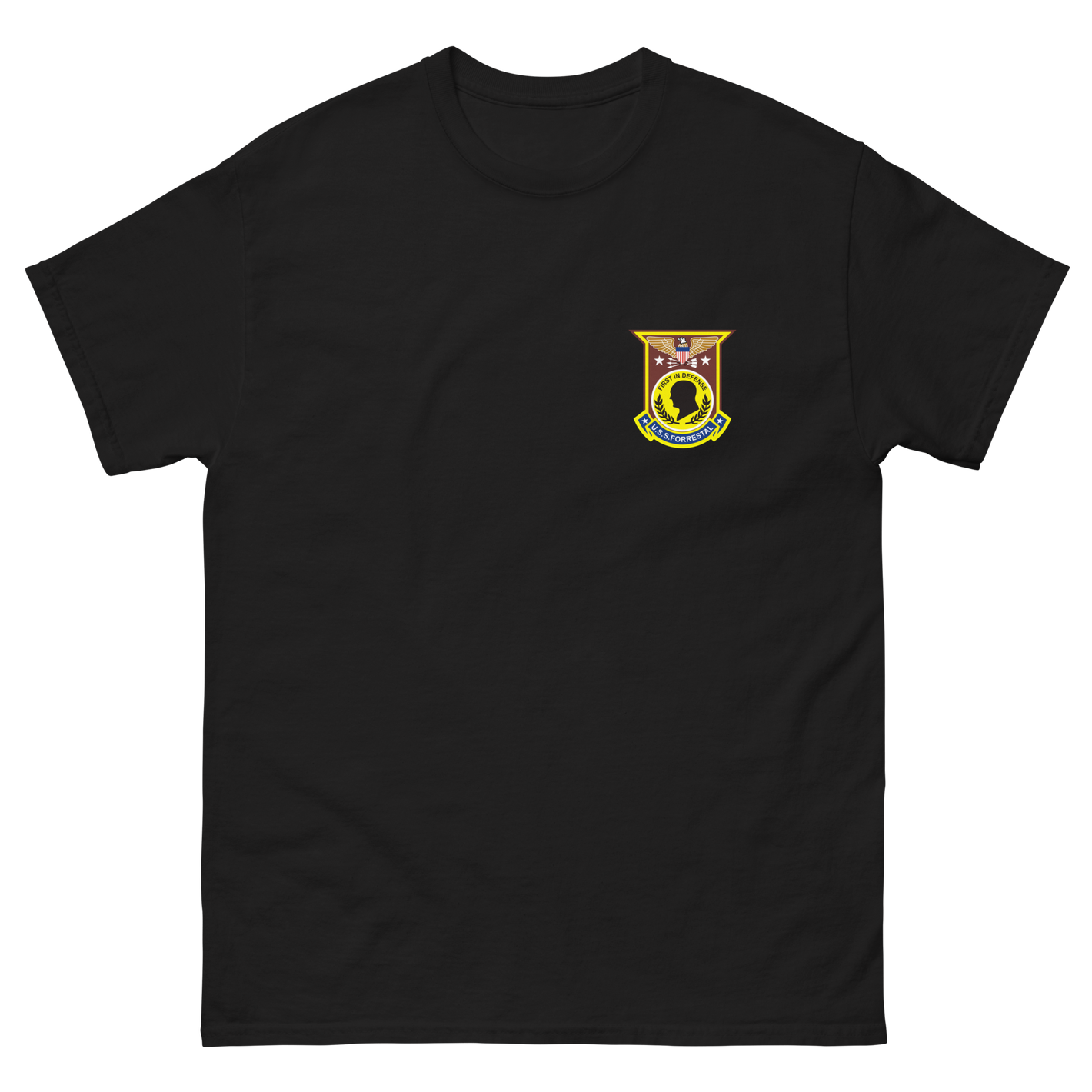 USS Forrestal (CVA/CV-59) Ship's Crest T-Shirt – front view, black
