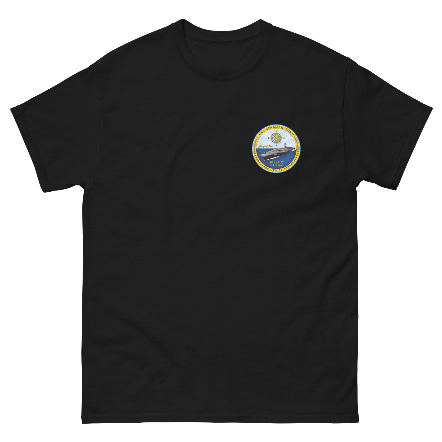 USS Gerald R. Ford (CVN-78) Ship's Crest T-Shirt – front view, black