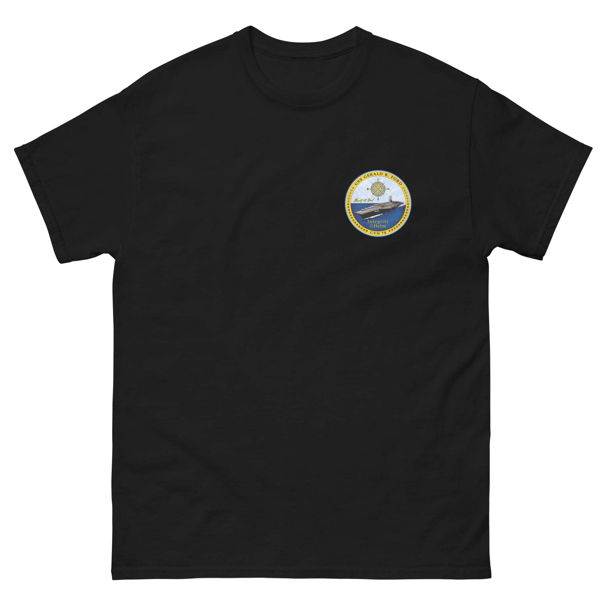 USS Gerald R. Ford (CVN-78) Ship's Crest T-Shirt – front view, black