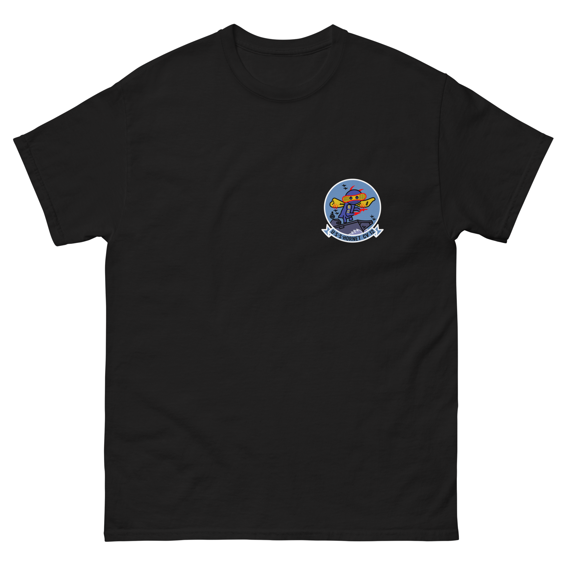 USS Hornet (CV-12) Ship's Crest T-Shirt – front view, black