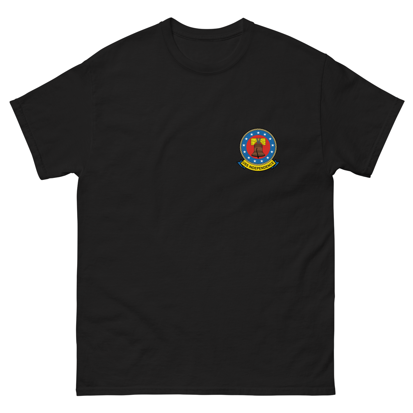 USS Independence (CVA/CV-62) Ship's Crest T-Shirt – front view, black
