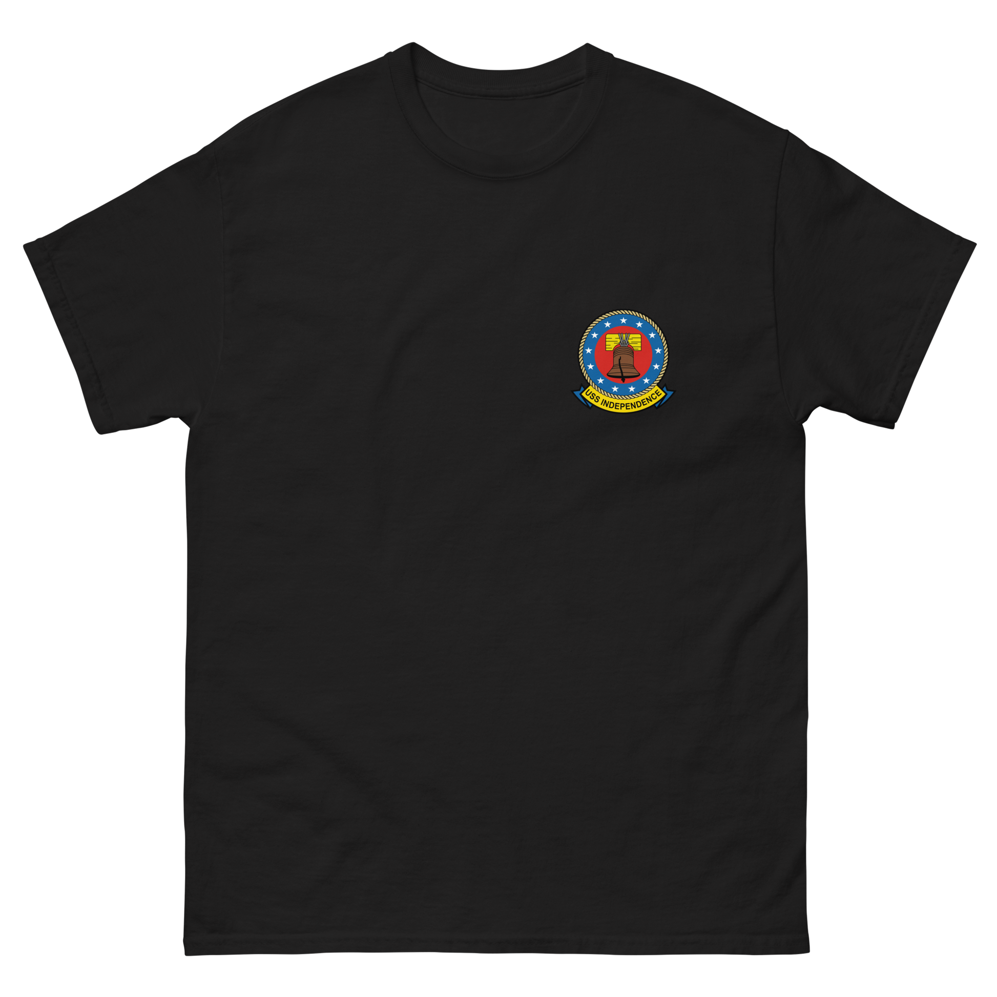 USS Independence (CVA/CV-62) Ship's Crest T-Shirt – front view, black