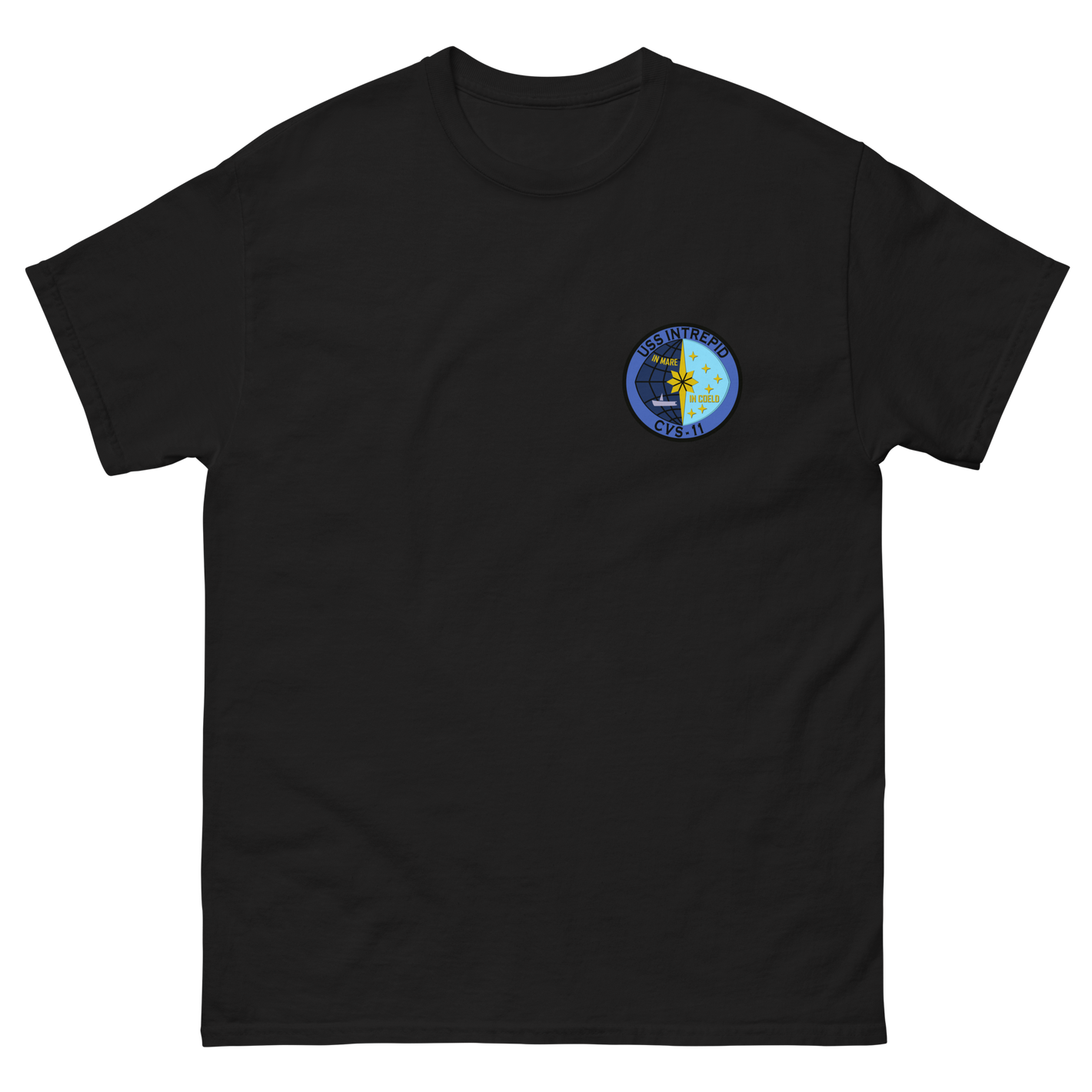 USS Intrepid (CVS-11) Ship's Crest T-Shirt – front view, black