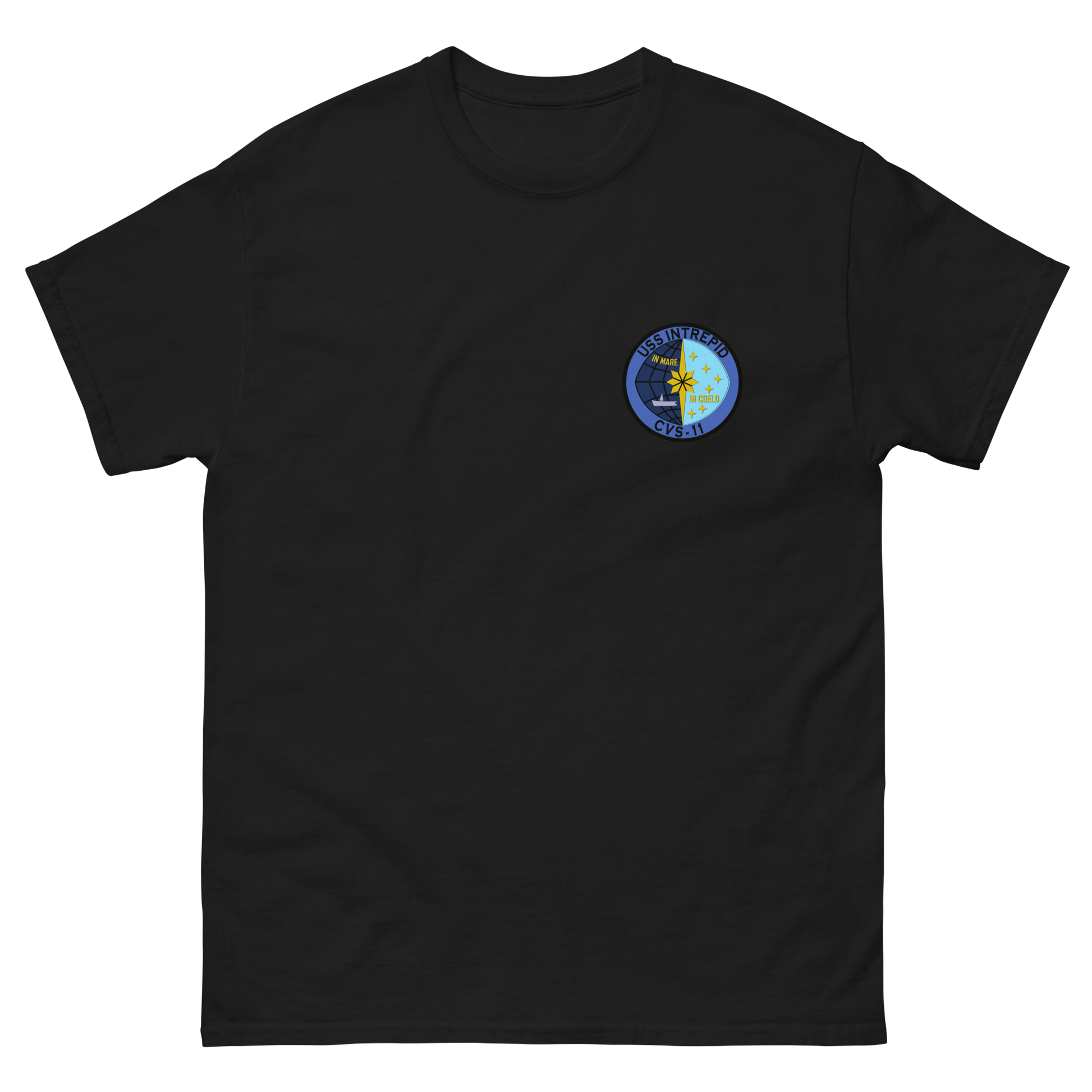 USS Intrepid (CVS-11) Ship's Crest T-Shirt – front view, black