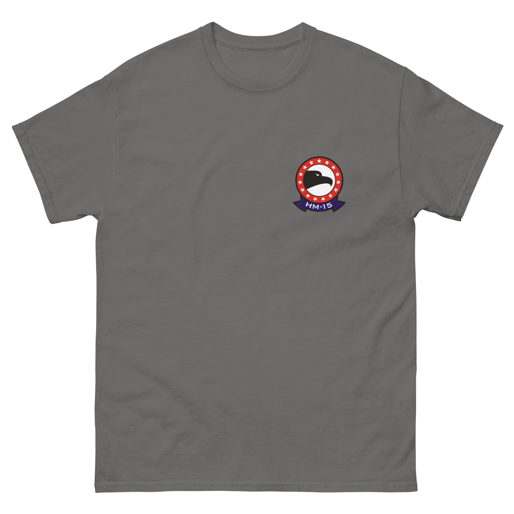 HM-15 Blackhawks Squadron Crest T-Shirt – front view, charcoal