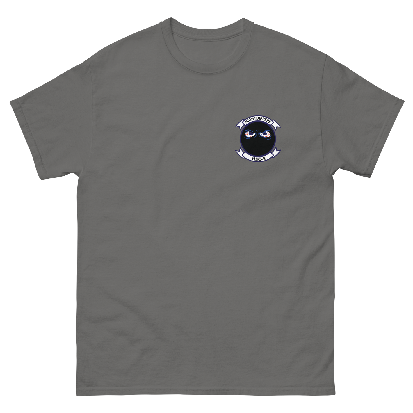 HSC-5 Nightdippers Squadron Crest Shirt – front view, charcoal