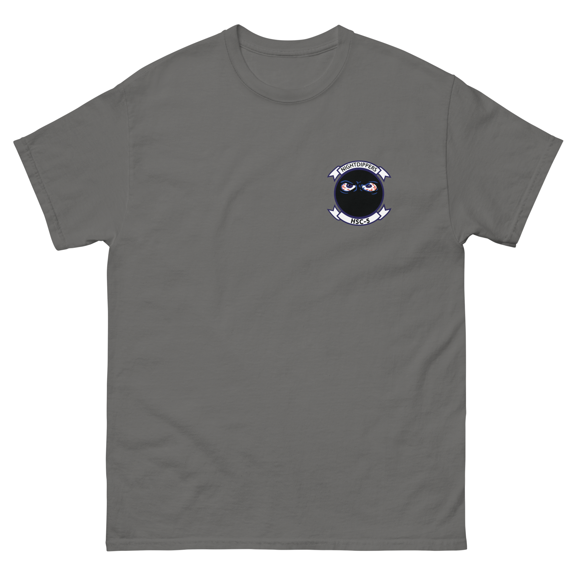 HSC-5 Nightdippers Squadron Crest Shirt – front view, charcoal