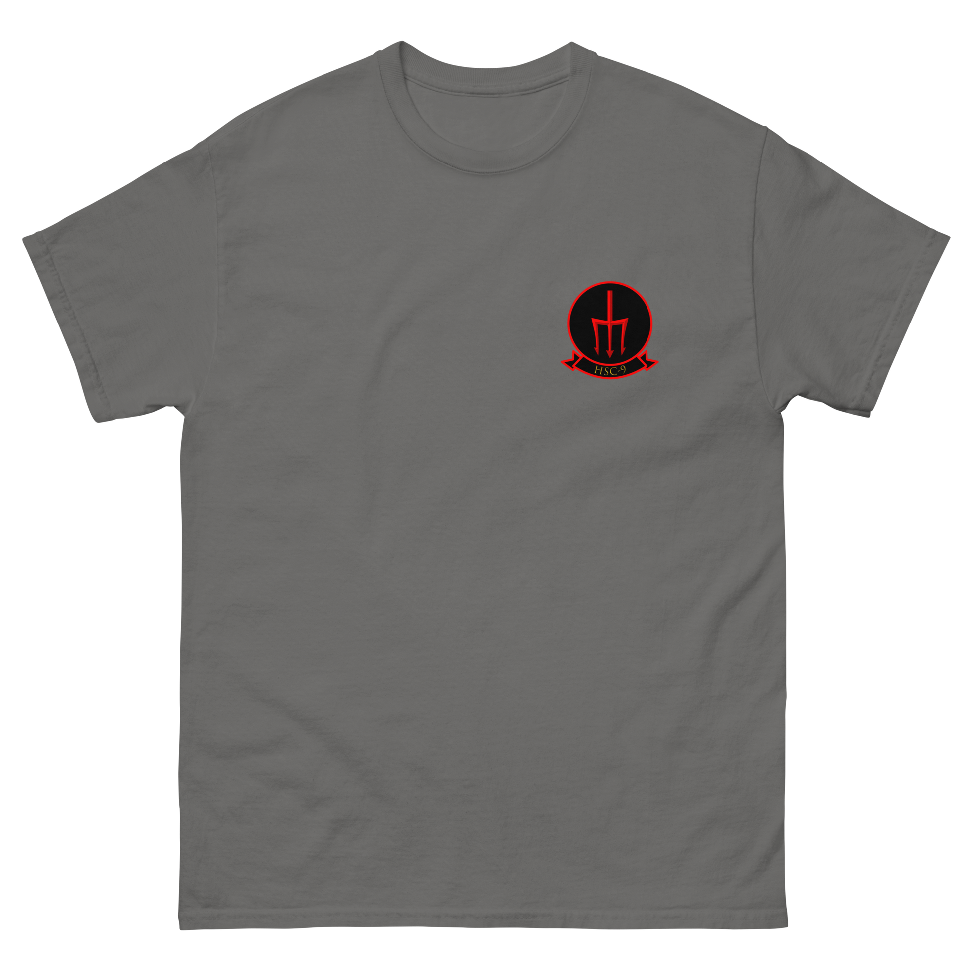 HSC-9 Tridents Squadron Crest T-Shirt – front view, charcoal