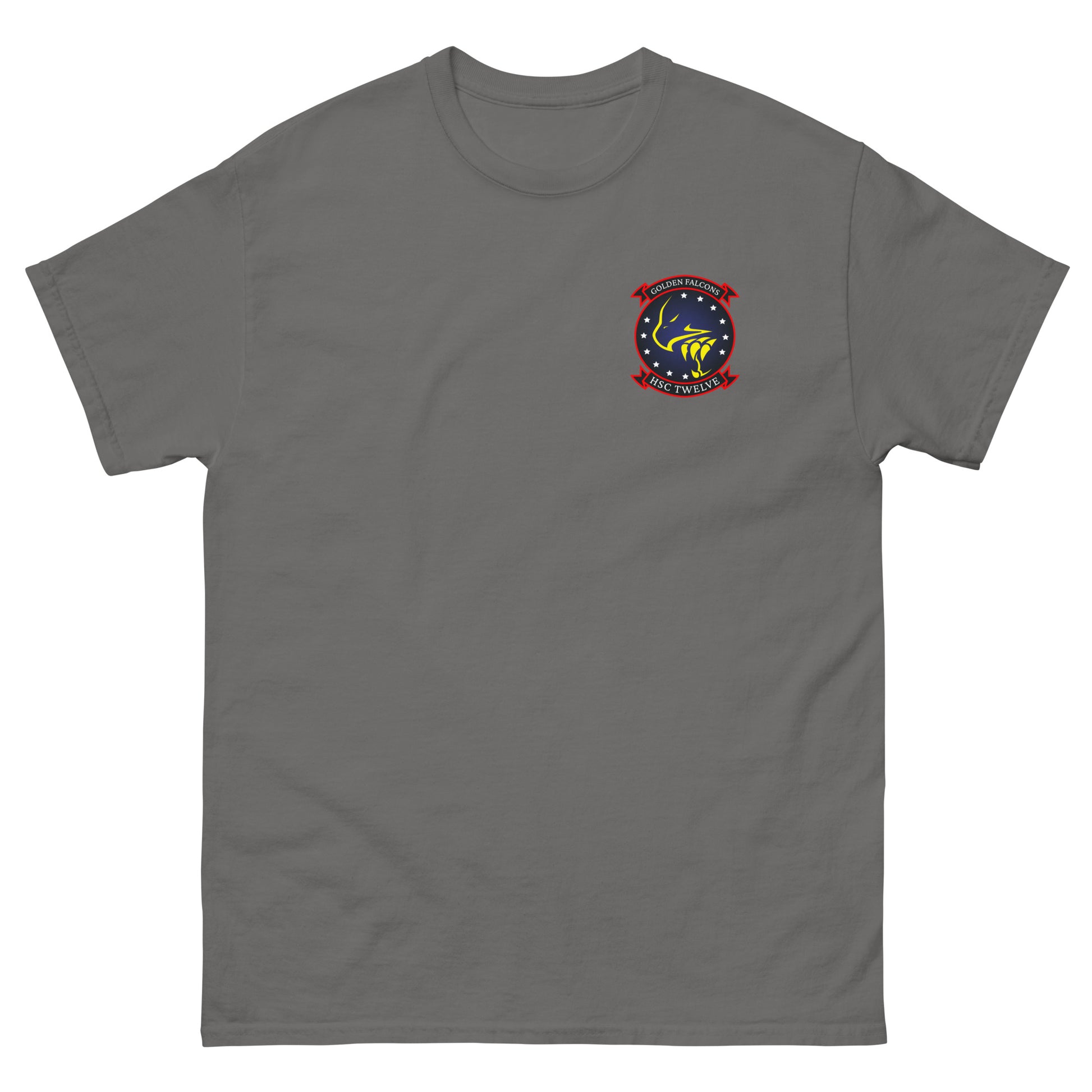 HSC-12 Golden Falcons Squadron Crest T-Shirt – front view, charcoal