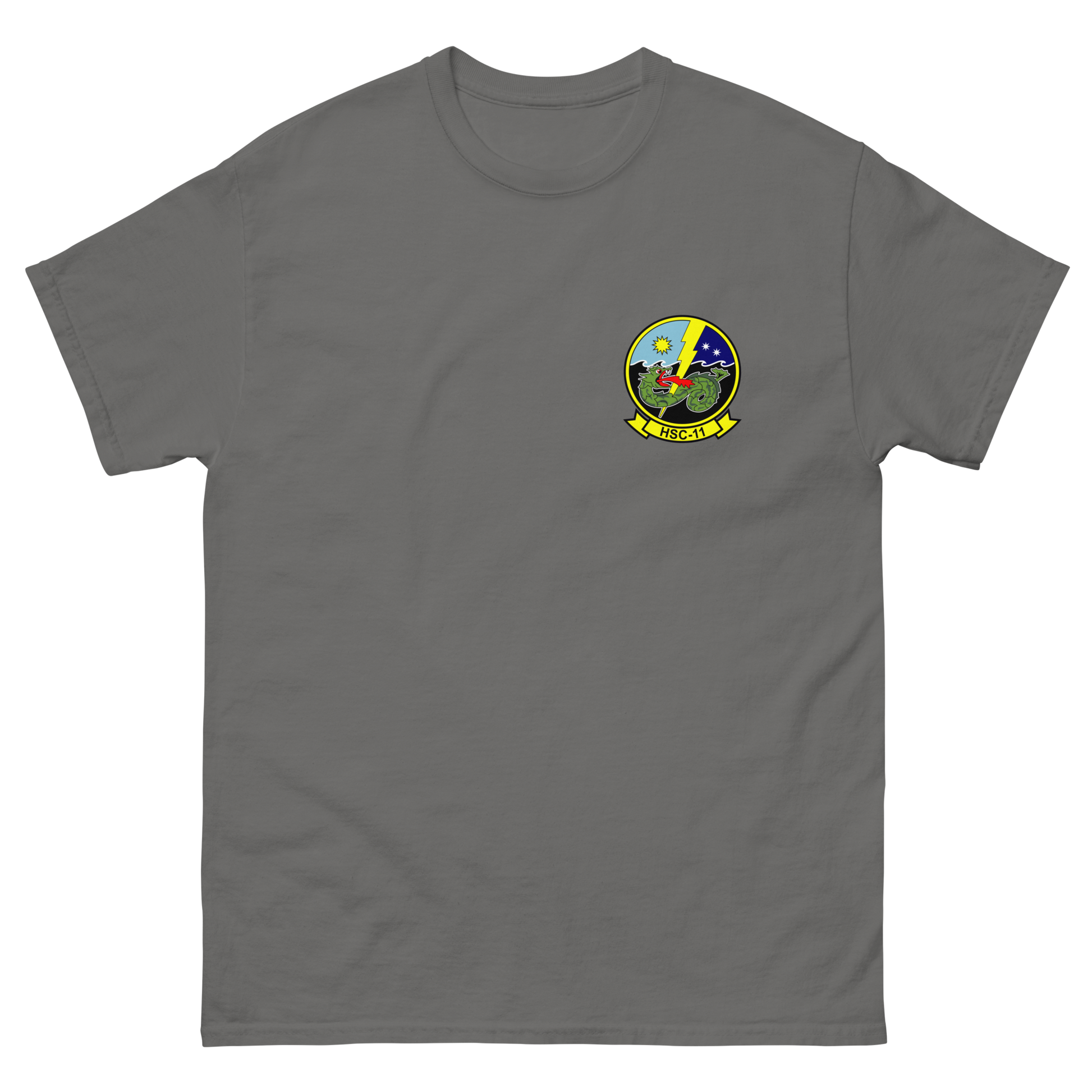 HSC-11 Dragonslayers Squadron Crest T-Shirt – front view, charcoal