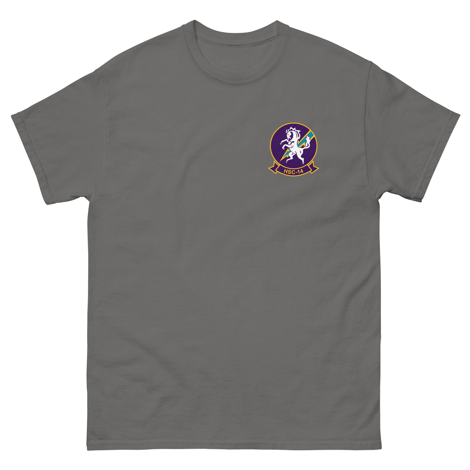 HSC-14 Chargers Squadron Crest T-Shirt – front view, charcoal