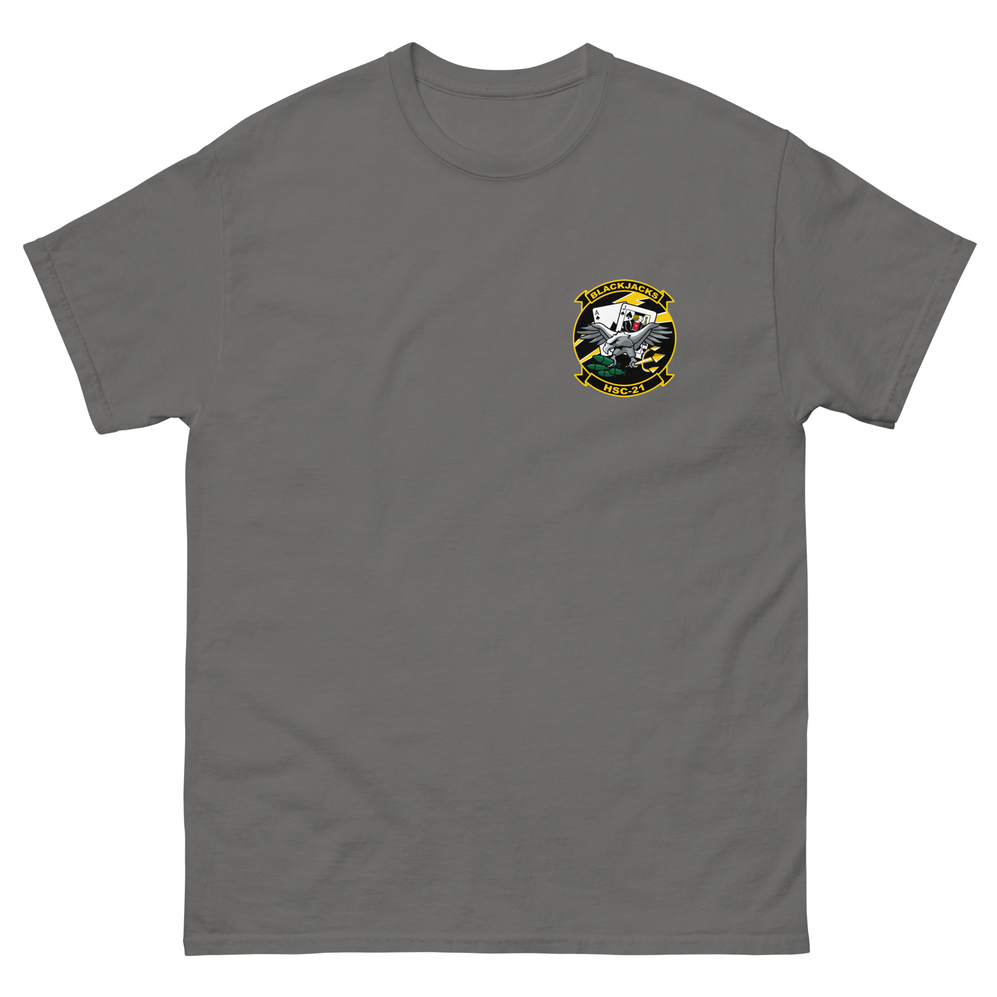 HSC-21 Blackjacks Squadron Crest T-Shirt – front view, charcoal