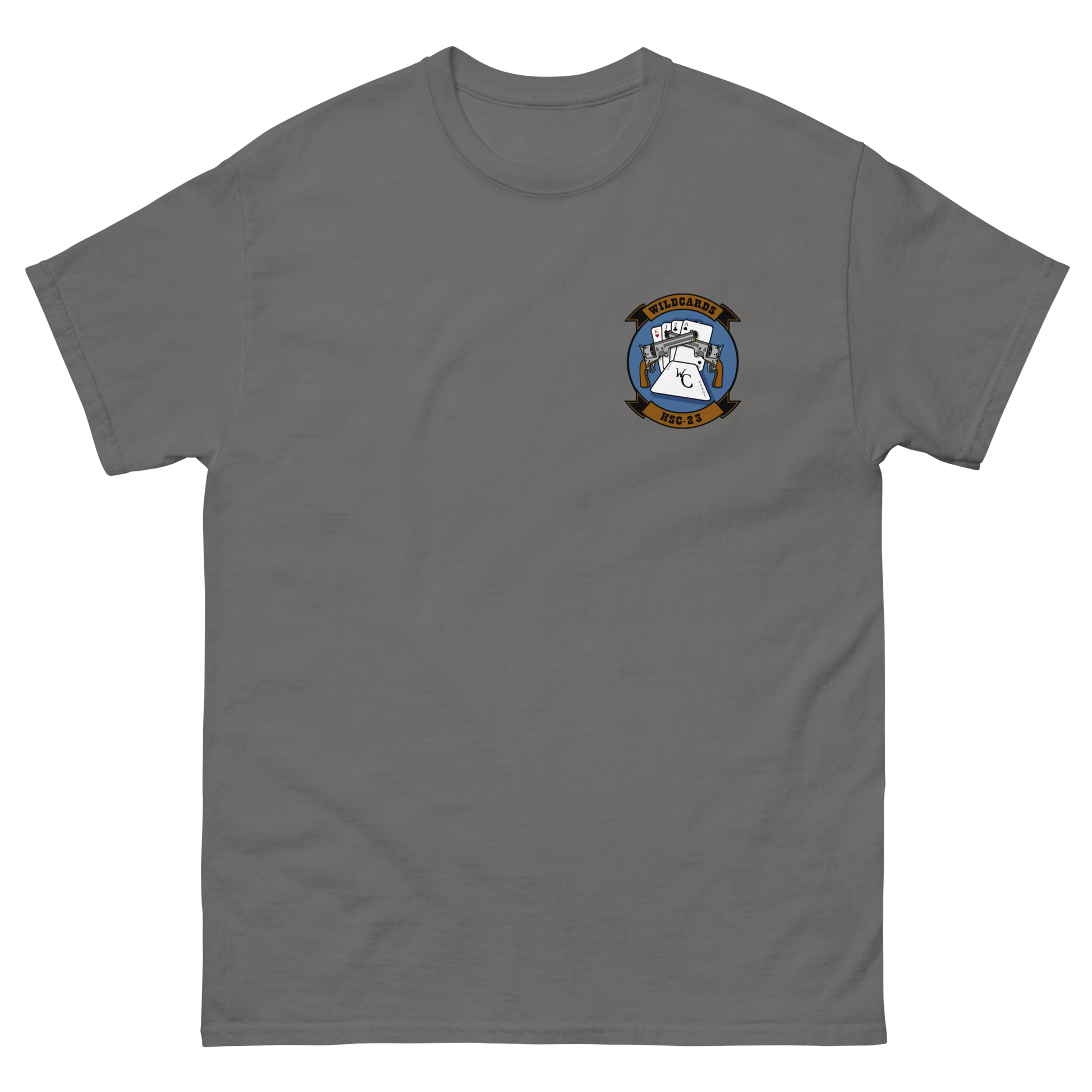 HSC-23 Wildcards Squadron Crest T-Shirt – front view, charcoal