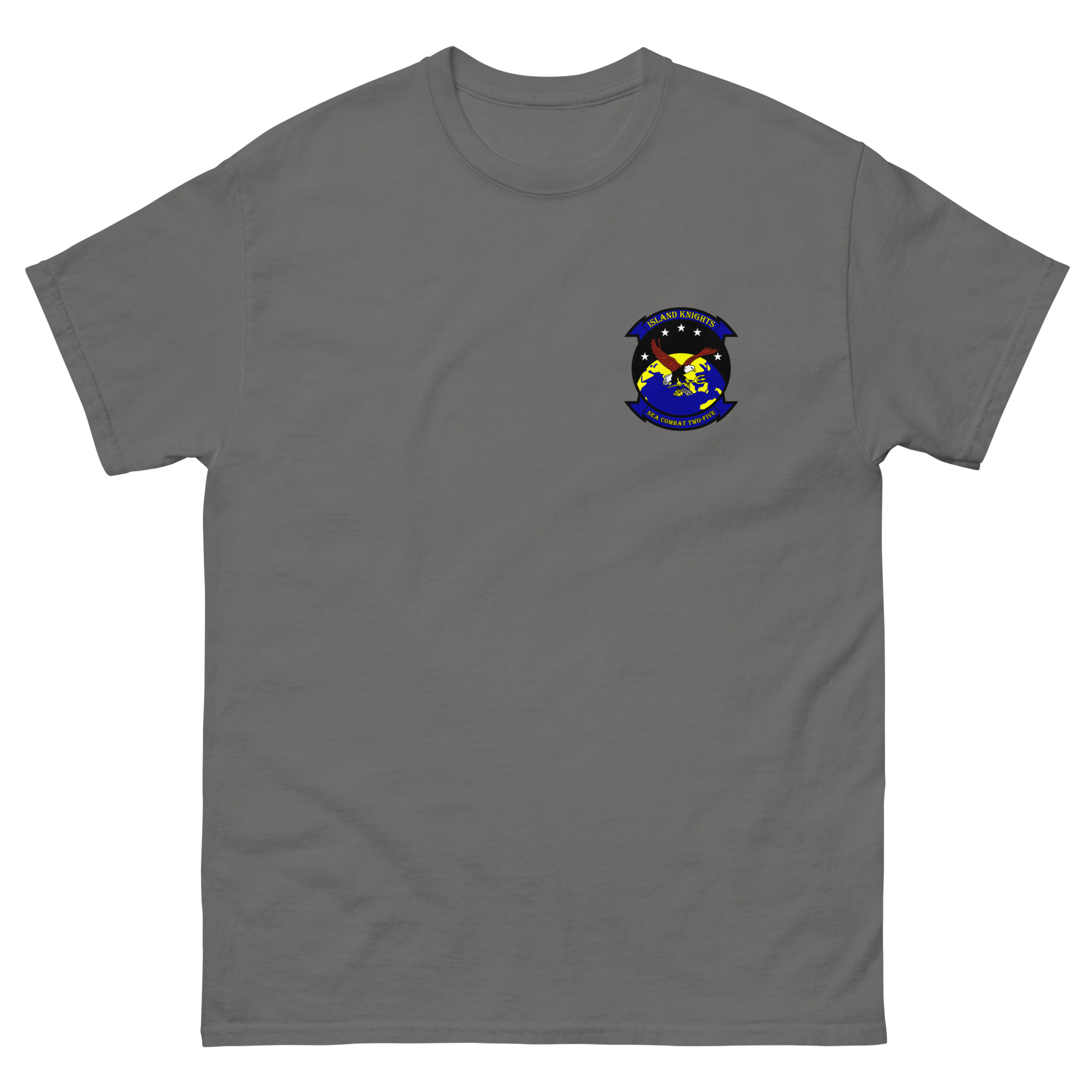 HSC-25 Island Knights Squadron Crest T-Shirt – front view, charcoal