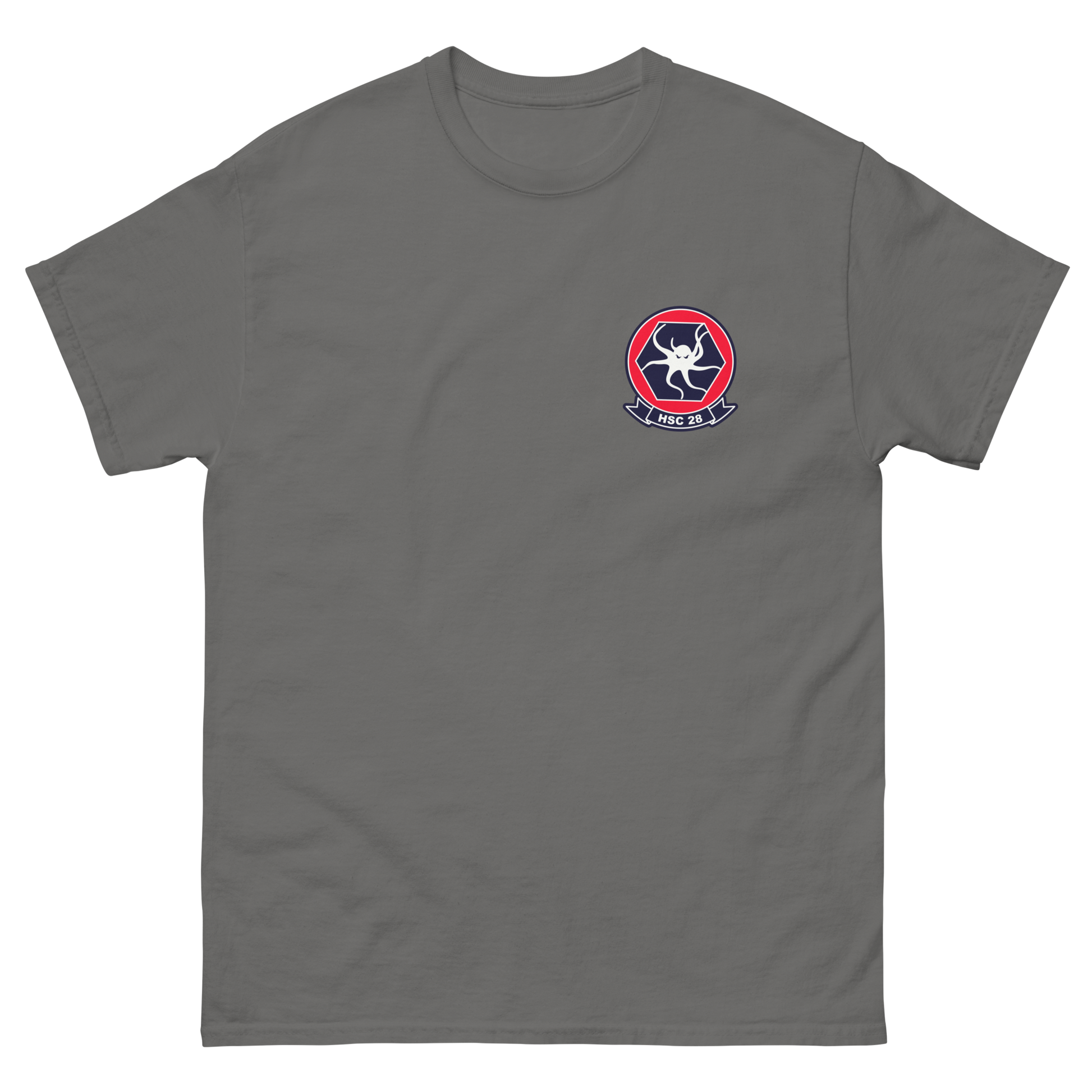 HSC-28 Dragon Whales Squadron Crest T-Shirt – front view, charcoal
