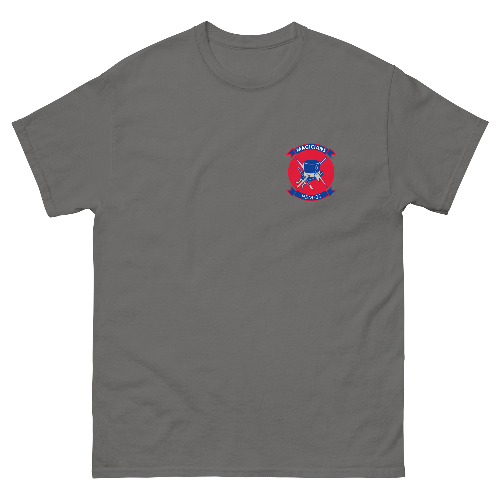 HSM-35 Magicians Squadron Crest T-Shirt – front view, charcoal