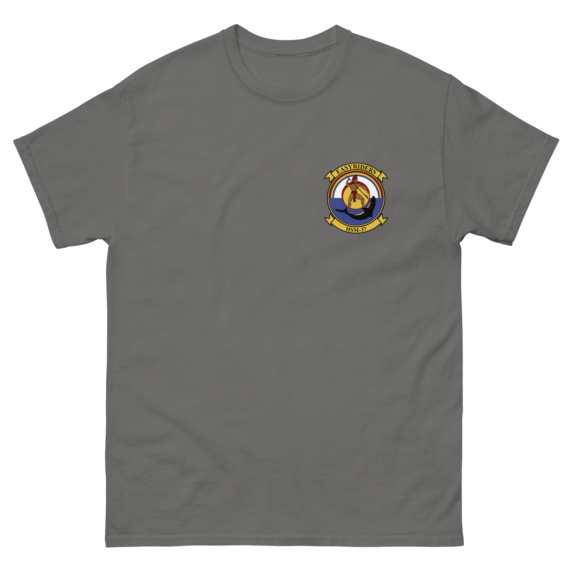 HSM-37 Easy Riders Squadron Crest T-Shirt – front view, charcoal