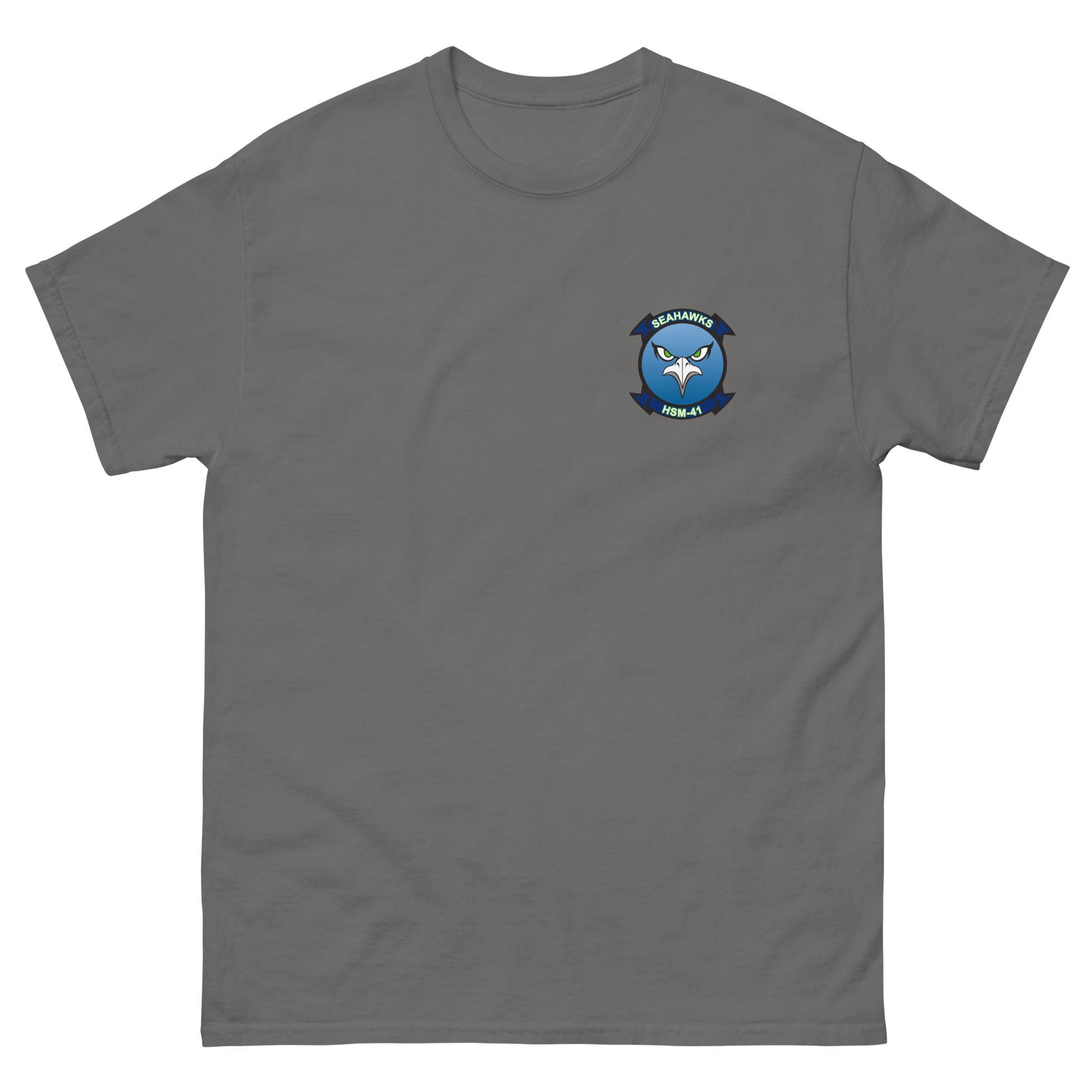 HSM-41 Seahawks Squadron Crest T-Shirt – front view, charcoal
