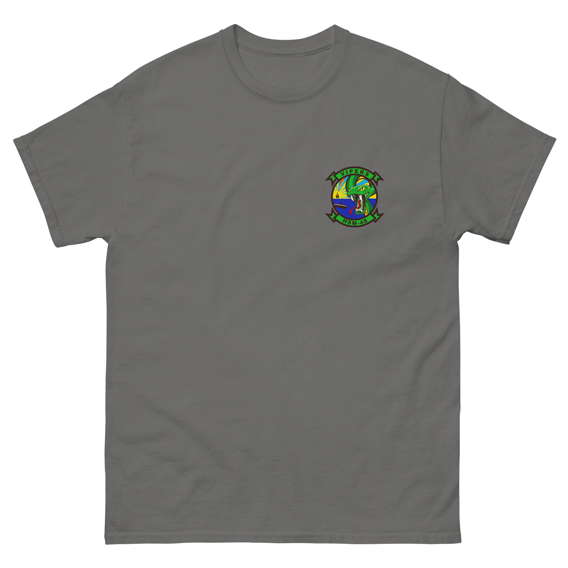 HSM-48 Vipers Squadron Crest T-Shirt – front view, charcoal