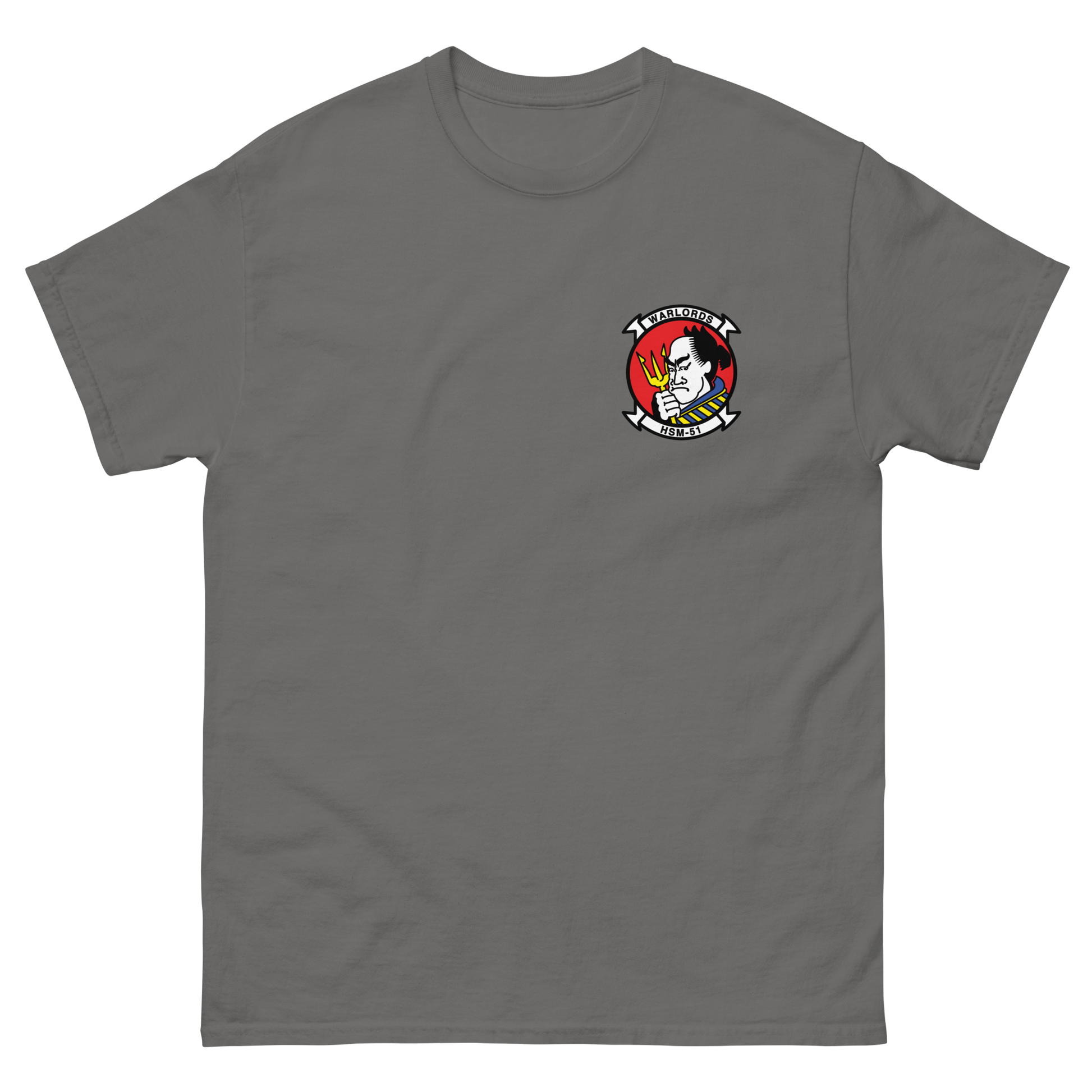 HSM-51 Warlords Squadron Crest T-Shirt – front view, charcoal