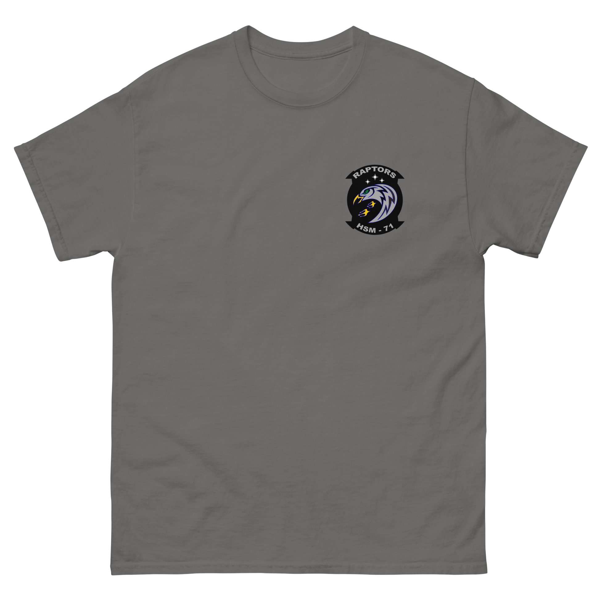 HSM-71 Raptors Squadron Crest Shirt – front view, charcoal