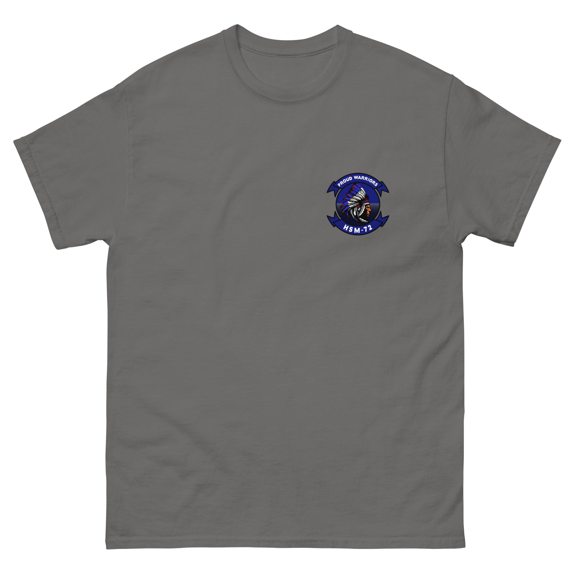 HSM-72 Proud Warriors Squadron Crest Shirt – front view, charcoal