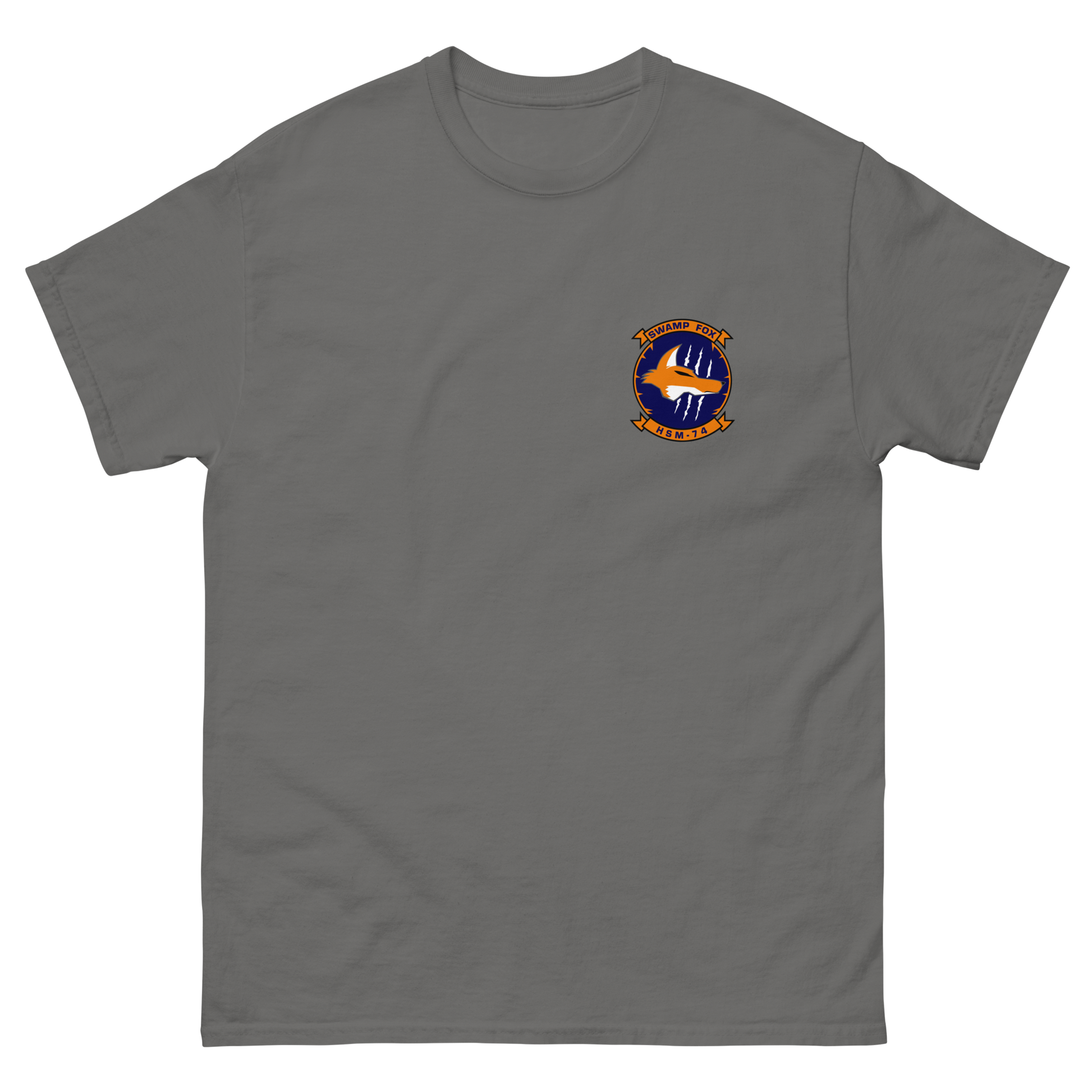 HSM-74 Swamp Foxes Squadron Crest Shirt – front view, charcoal