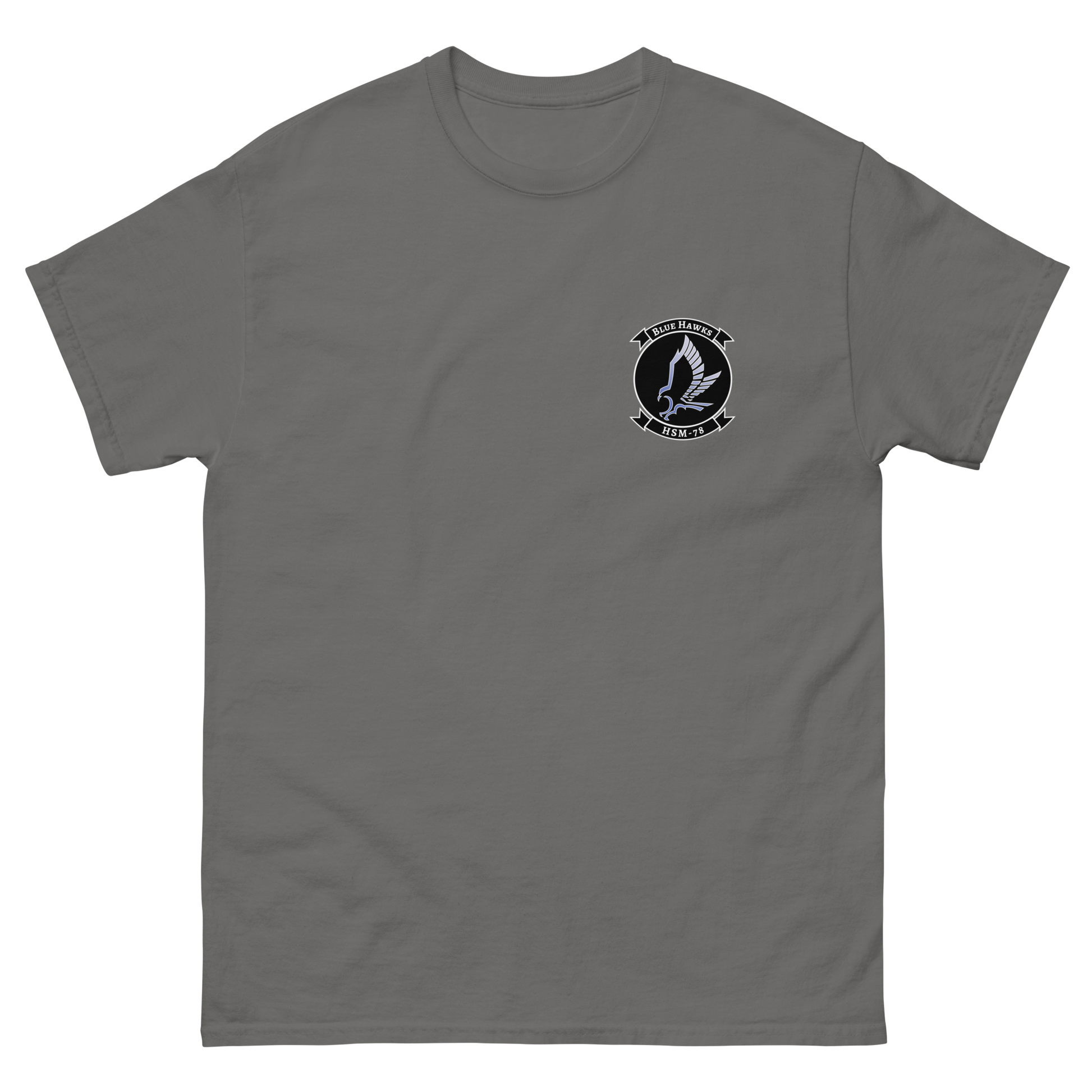 HSM-78 Blue Hawks Squadron Crest T-Shirt – front view, charcoal