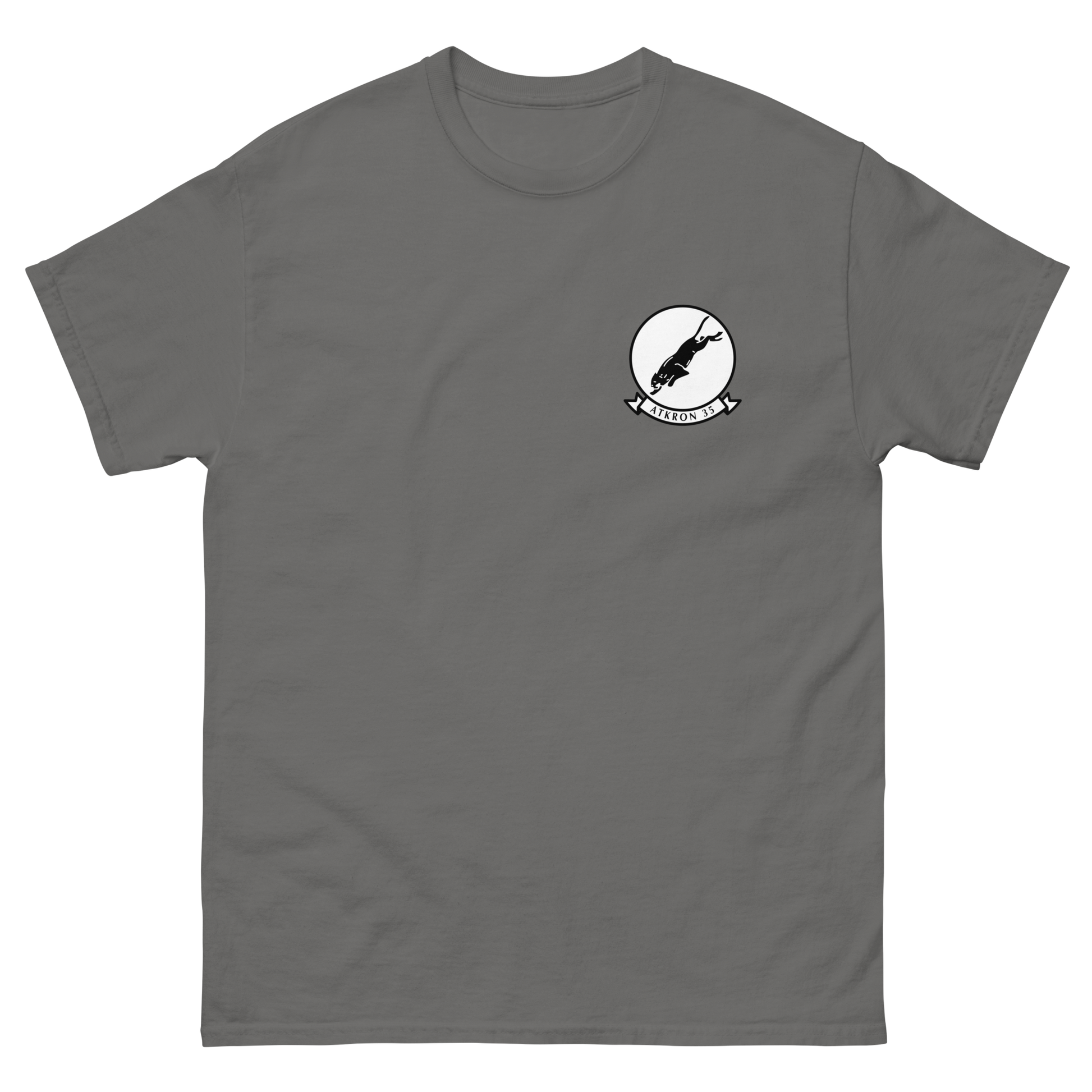 VA-35 Black Panthers Squadron Crest T-Shirt – front view, charcoal