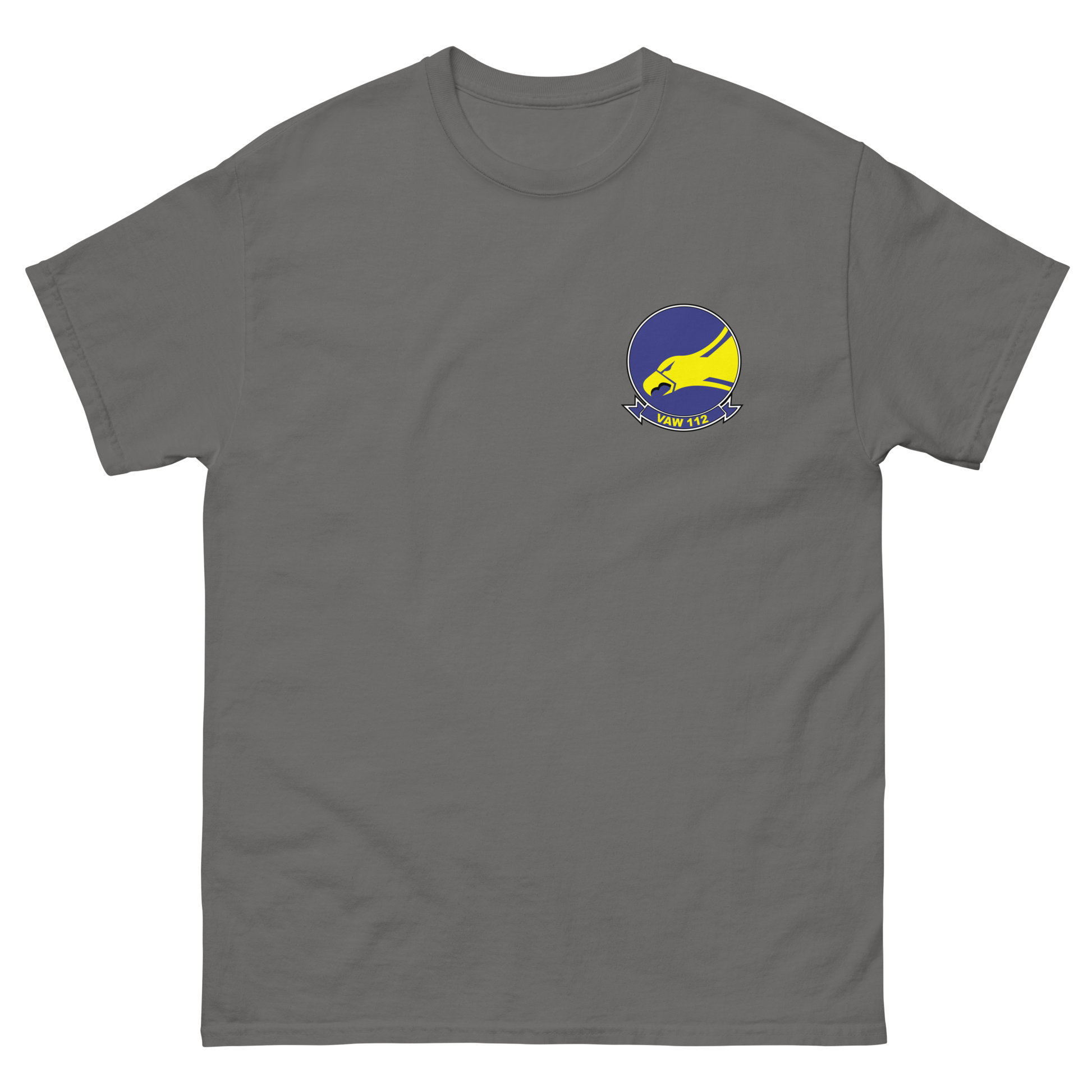 VAW-112 Golden Hawks Squadron Crest T-Shirt – front view, charcoal