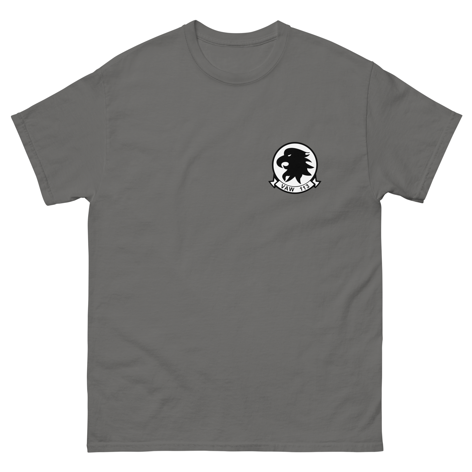 VAW-113 Black Eagles Squadron Crest T-Shirt – front view, charcoal