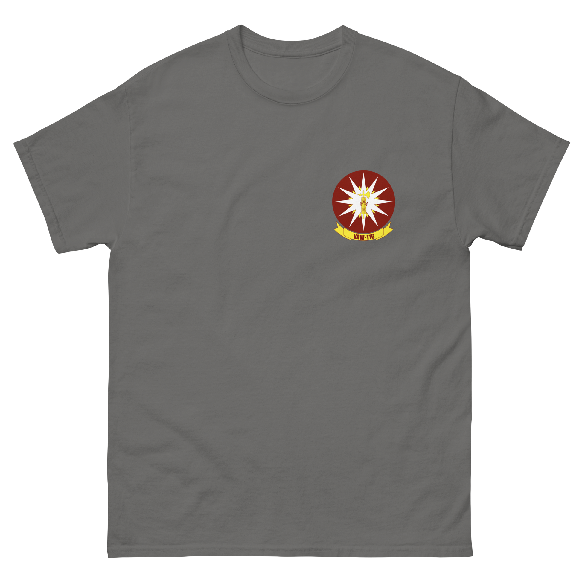 VAW-116 Sun Kings Squadron Crest T-Shirt – front view, charcoal
