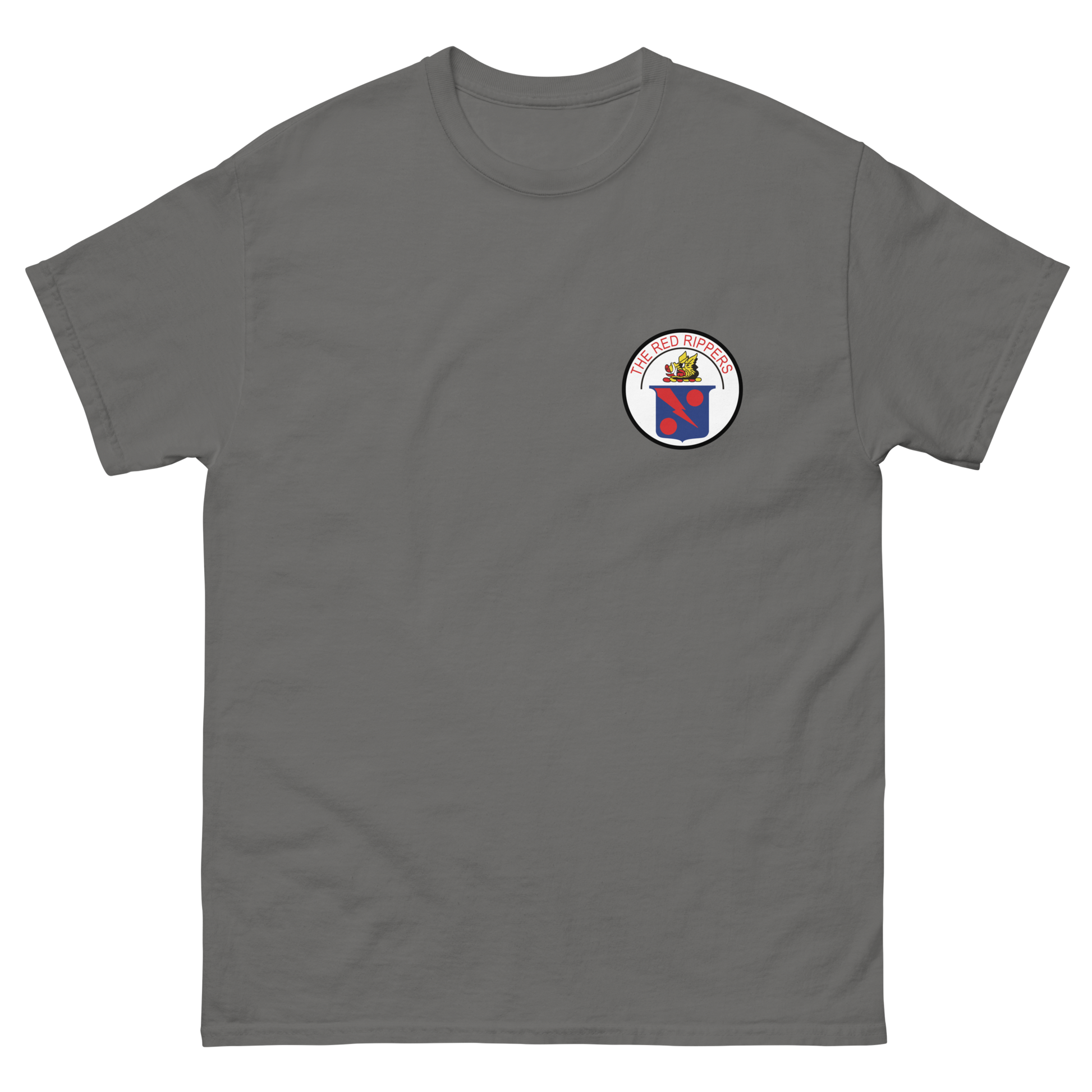 VF/VFA-11 Red Rippers Squadron Crest T-Shirt – front view, charcoal
