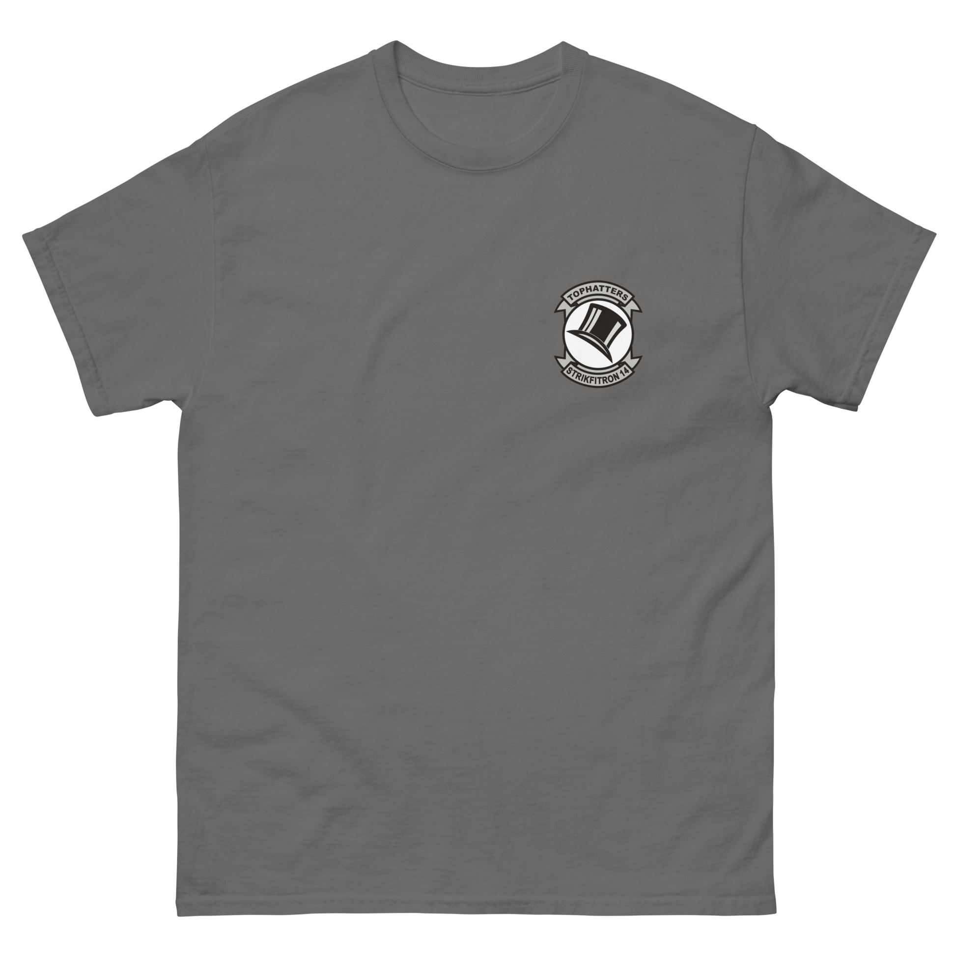 VFA-14 Tophatters Squadron Crest T-Shirt – front view, charcoal