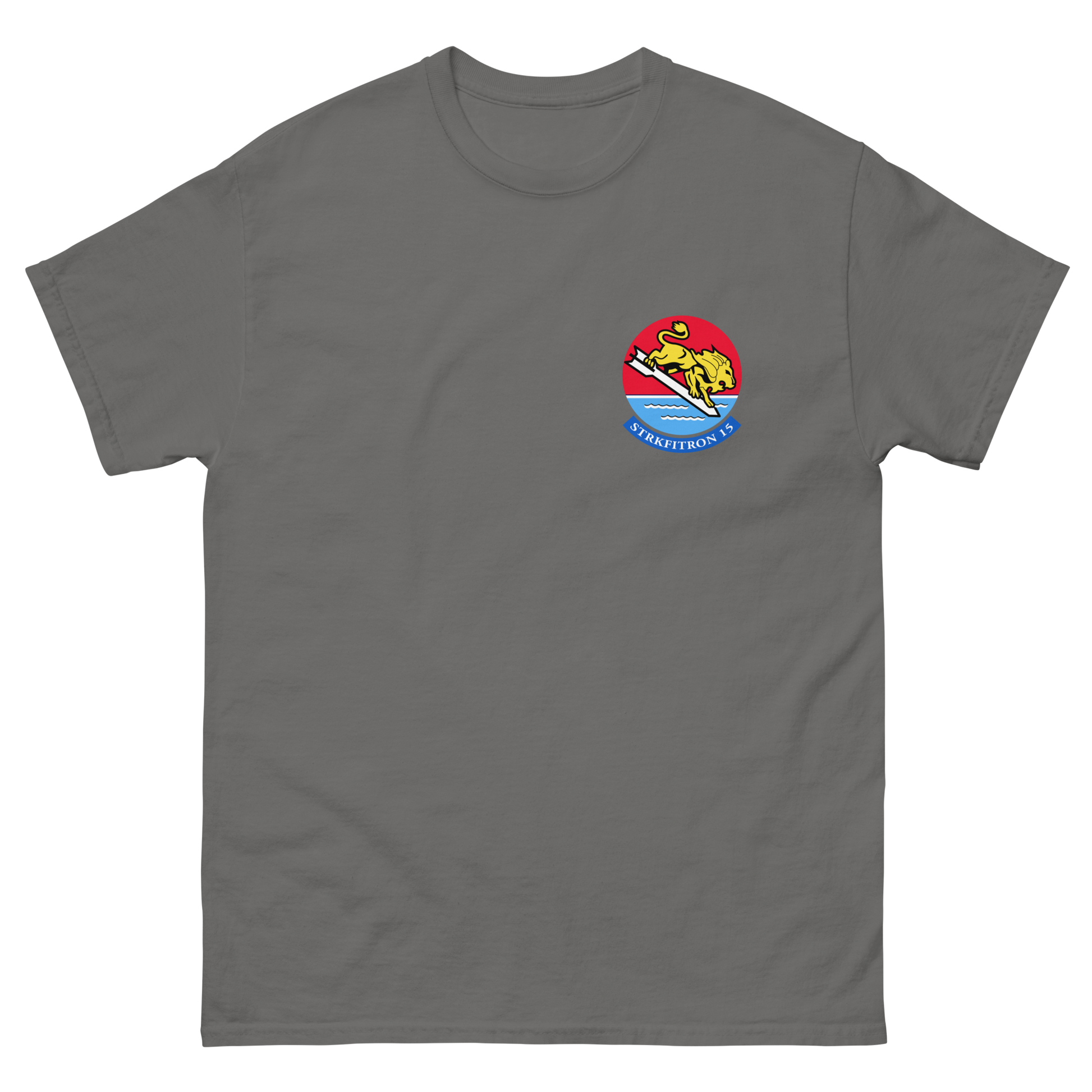 VFA-15 Valions Squadron Crest T-Shirt – front view, charcoal