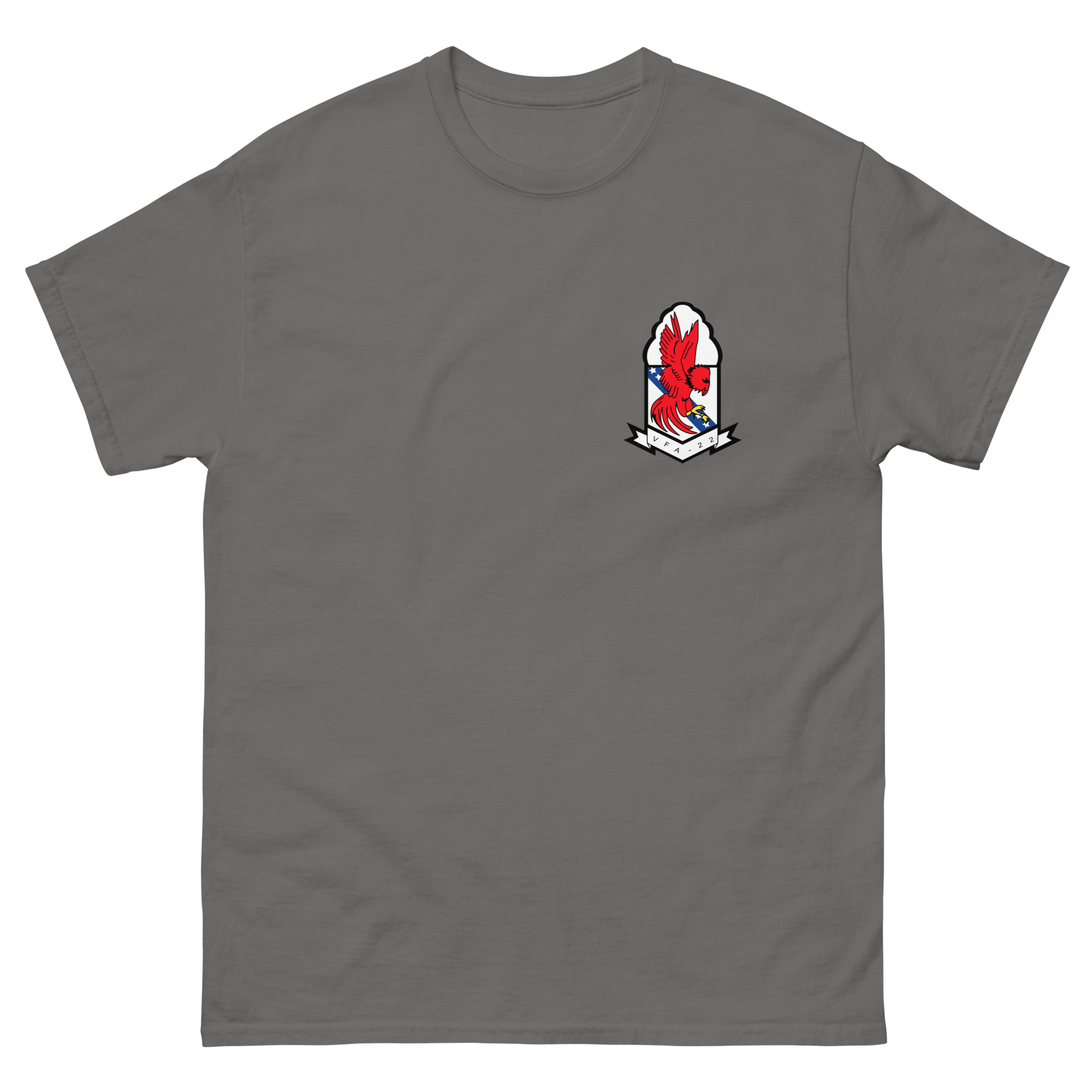 VFA-22 Fighting Redcocks Squadron Crest T-Shirt – front view, charcoal