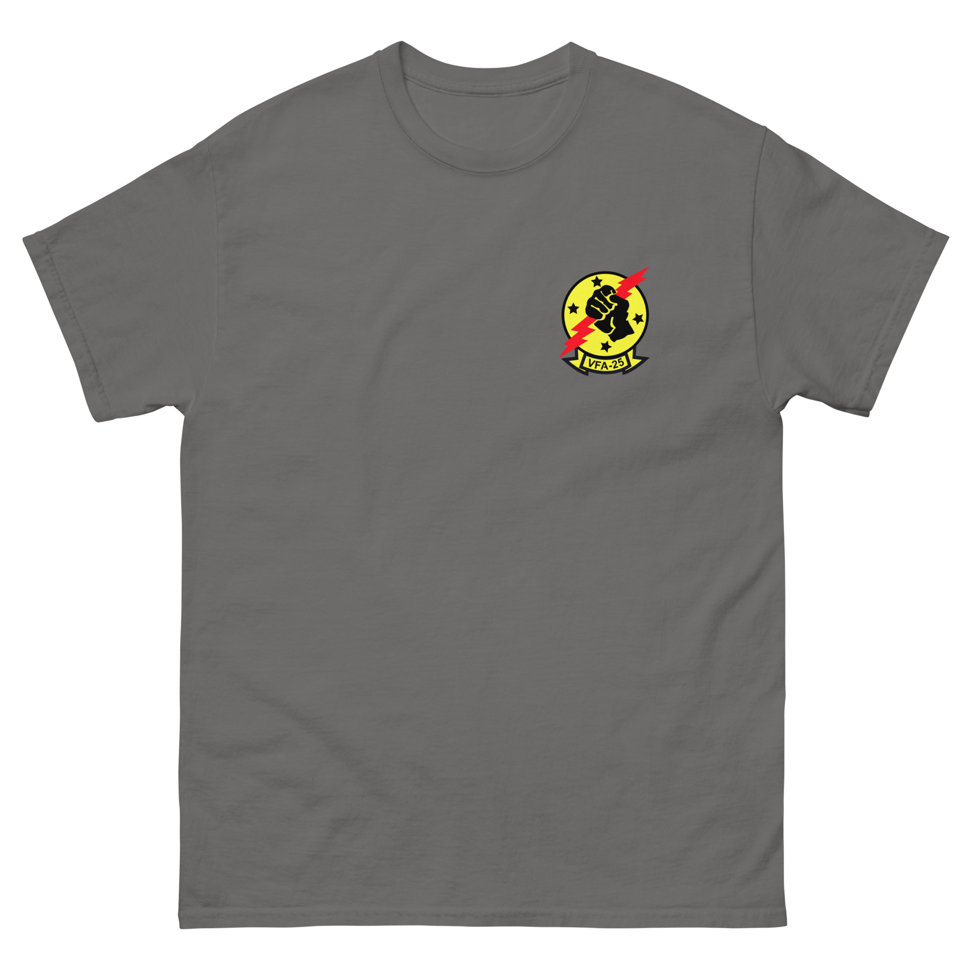 VFA-25 Fist of the Fleet Squadron Crest T-Shirt – front view, charcoal