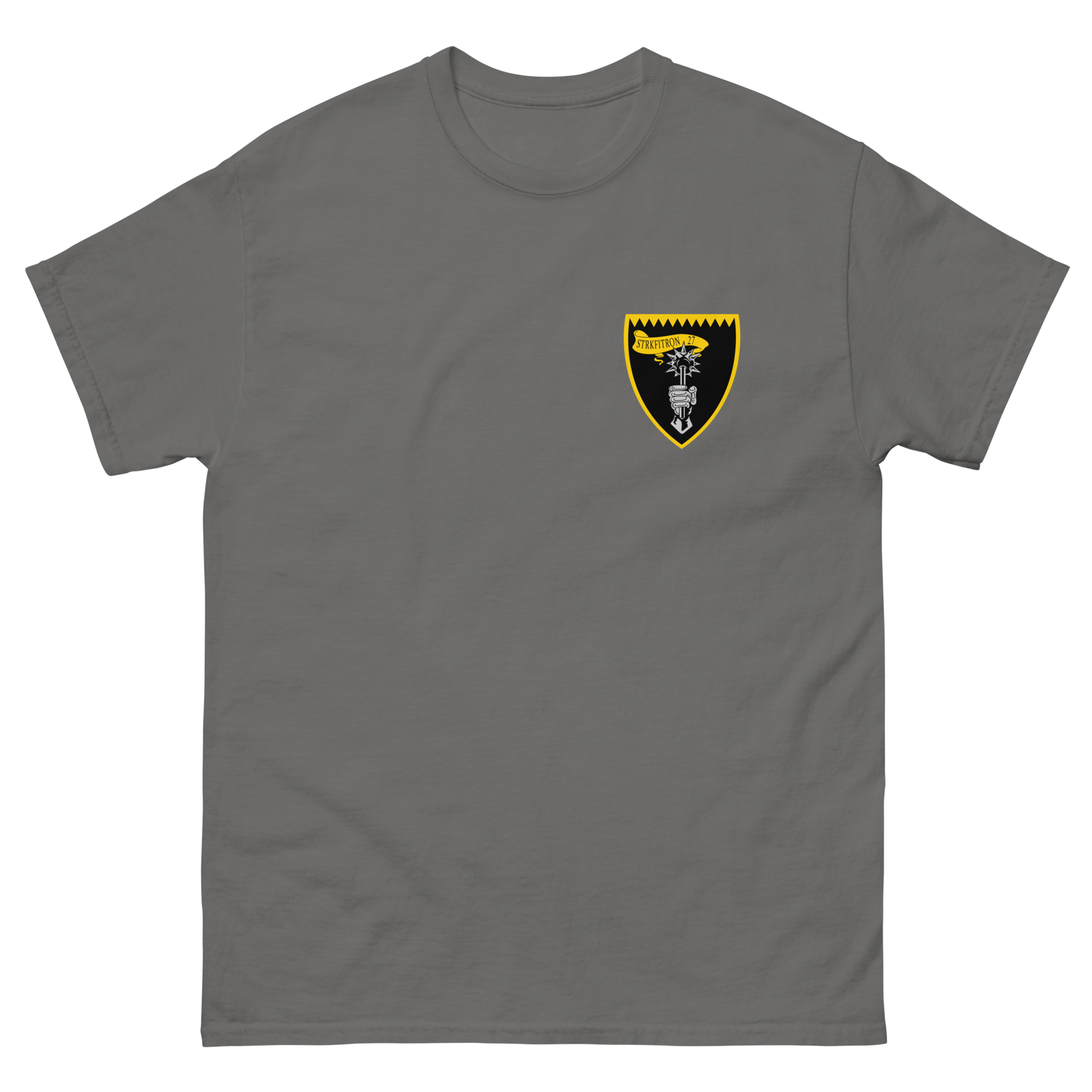 VFA-27 Royal Maces Squadron Crest T-Shirt – front view, charcoal