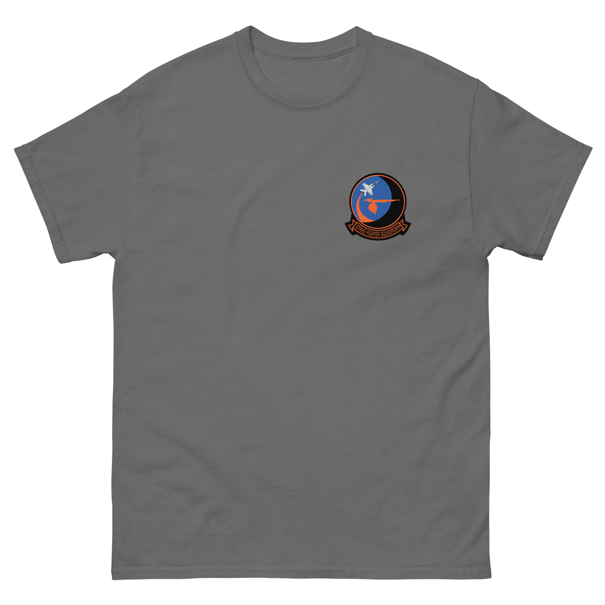 VFA-94 Mighty Shrikes Squadron Crest T-Shirt – front view, charcoal