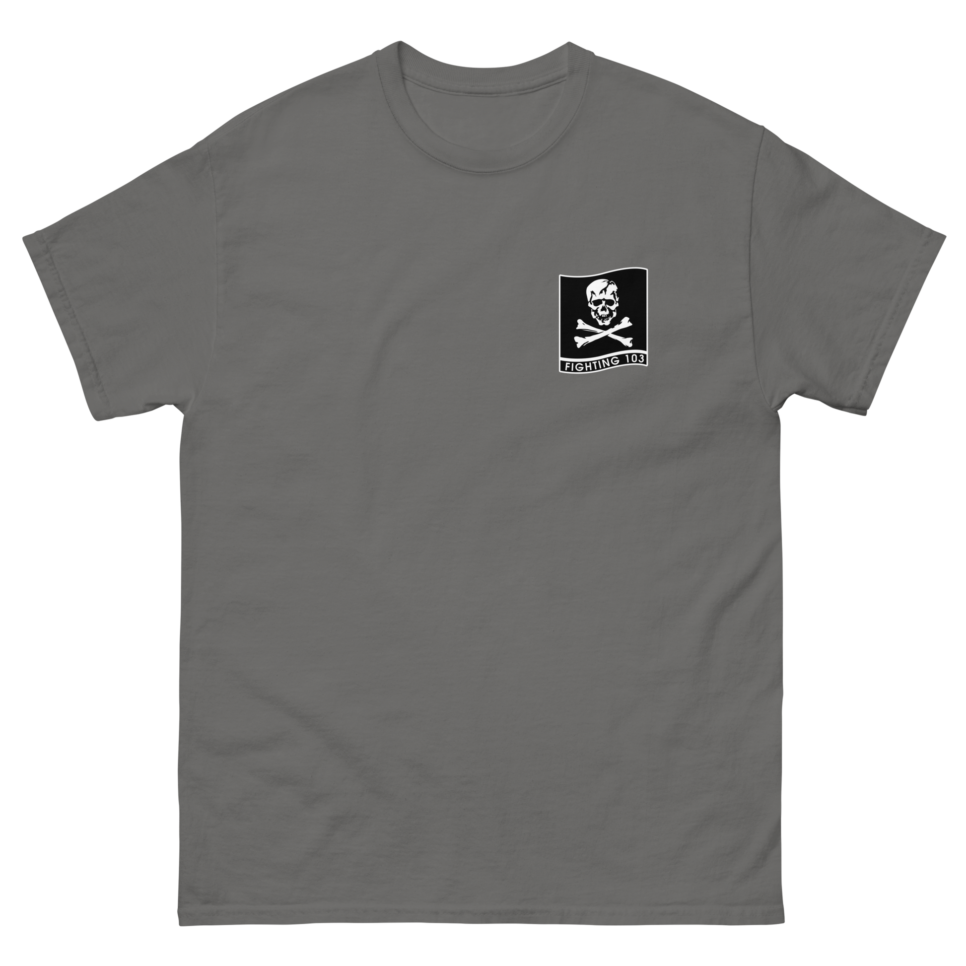 VF/VFA-103 Jolly Rogers Squadron Crest T-Shirt – front view, charcoal