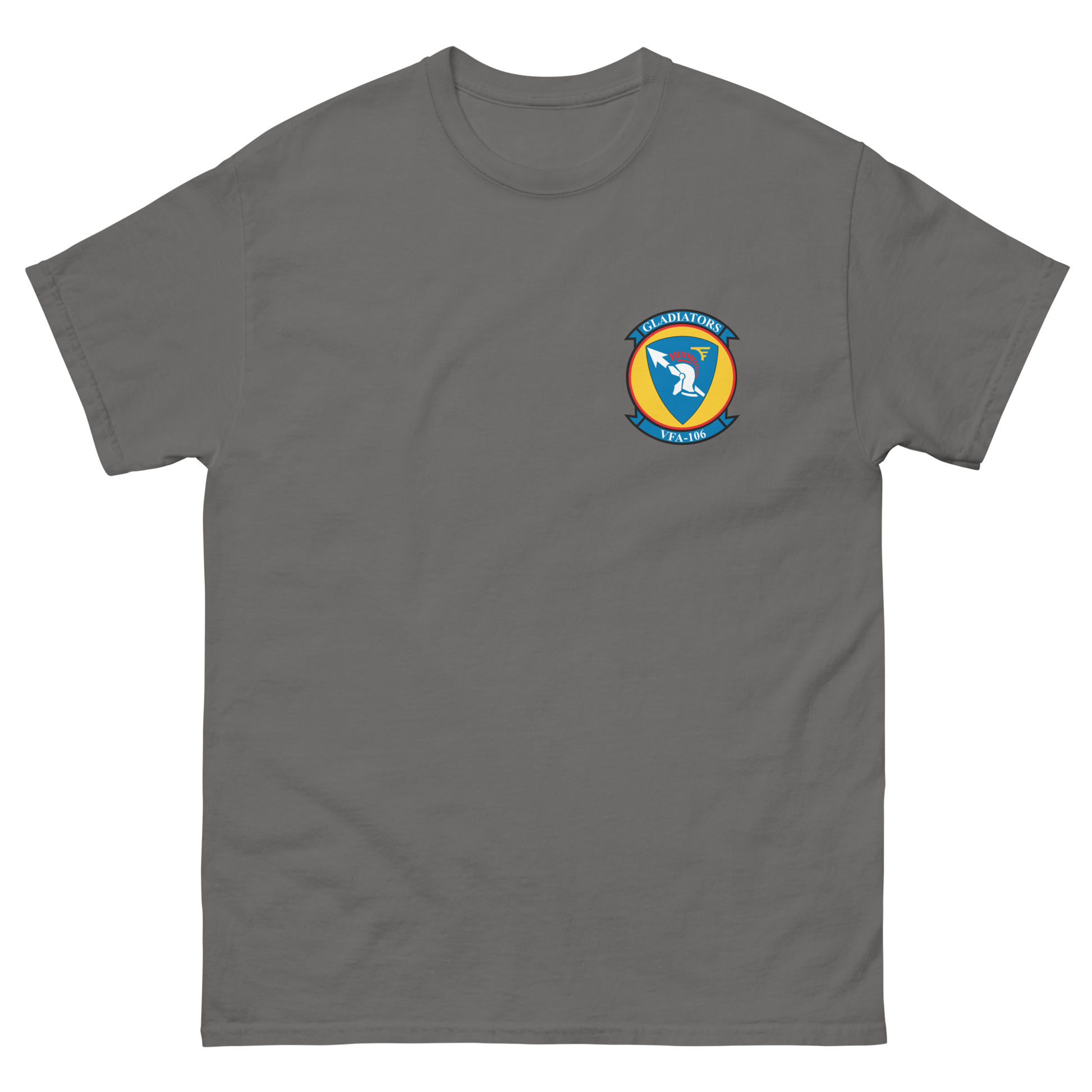VFA-106 Gladiators Squadron Crest T-Shirt – front view, charcoal