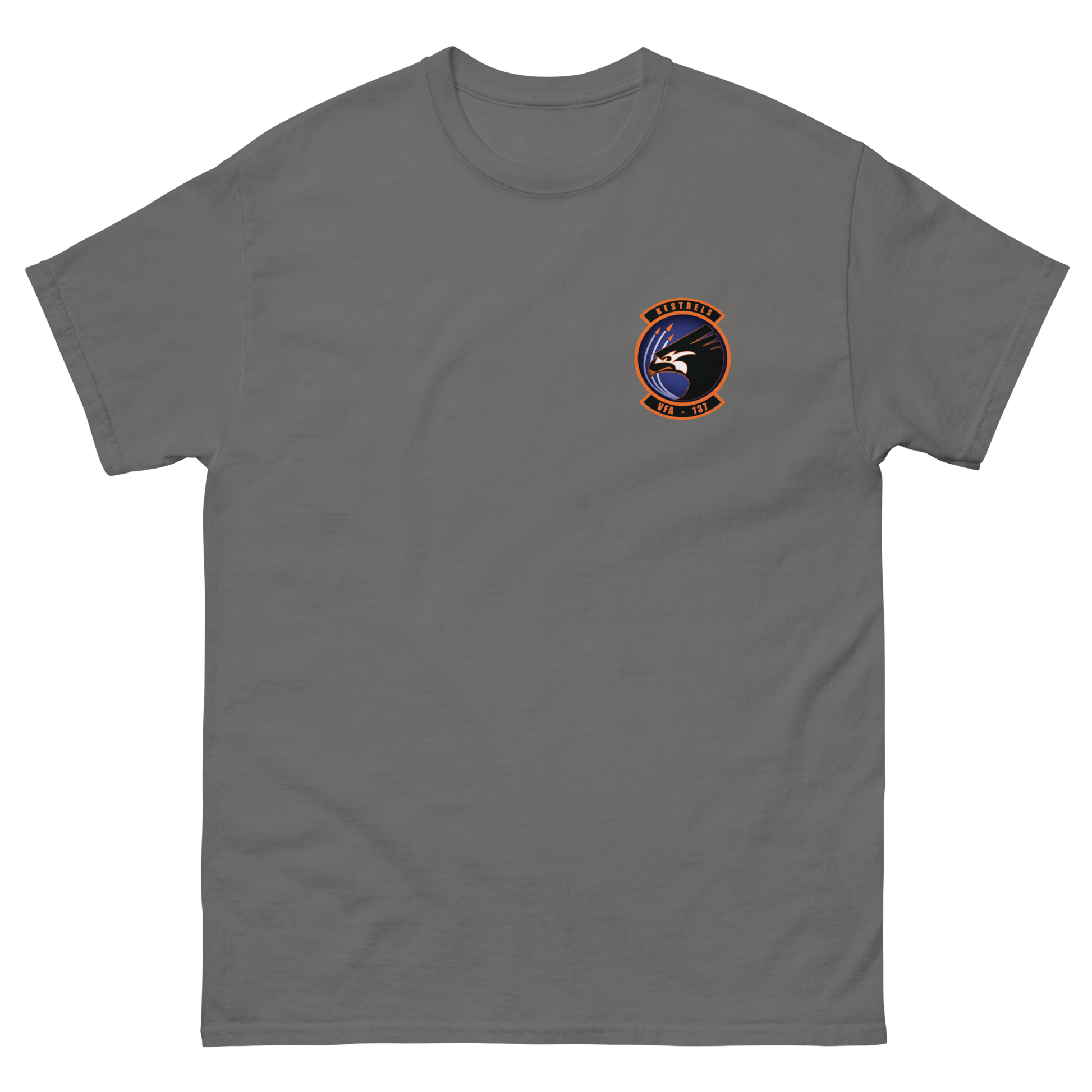 VFA-137 Kestrels Squadron Crest T-Shirt – front view, charcoal