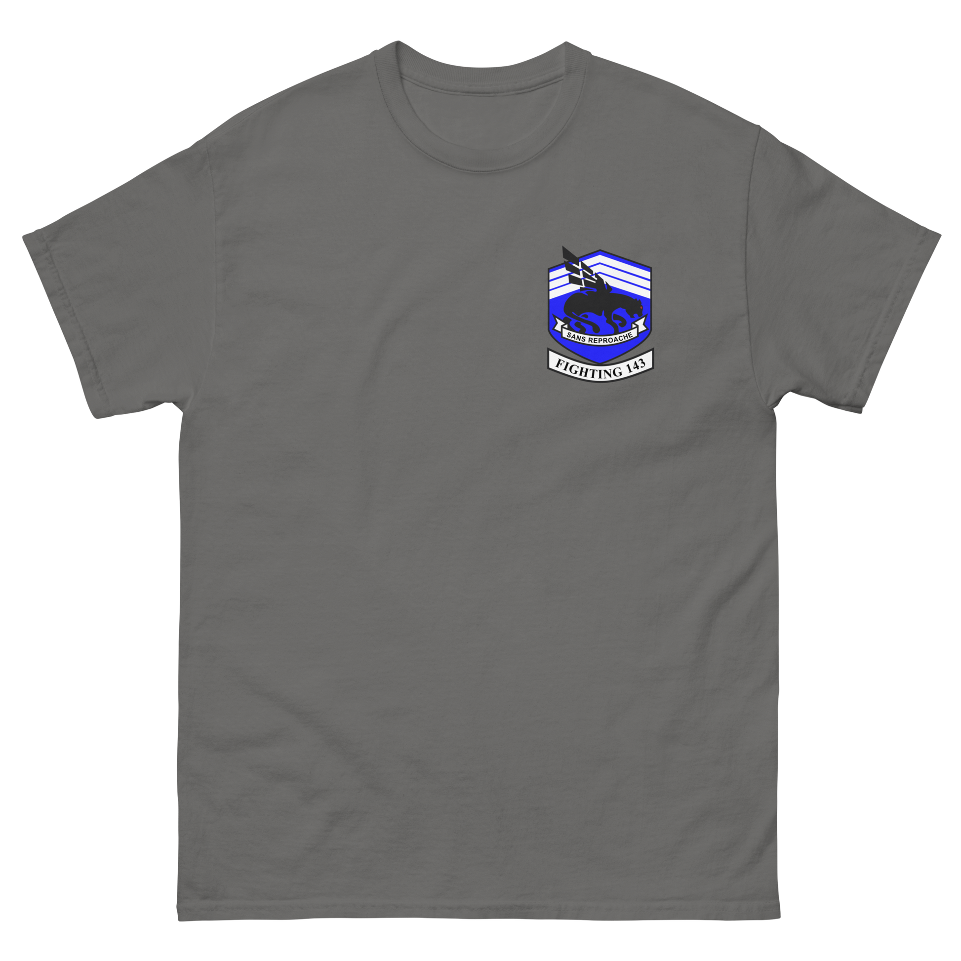 VFA-143 Pukin' Dogs Squadron Crest T-Shirt – front view, charcoal